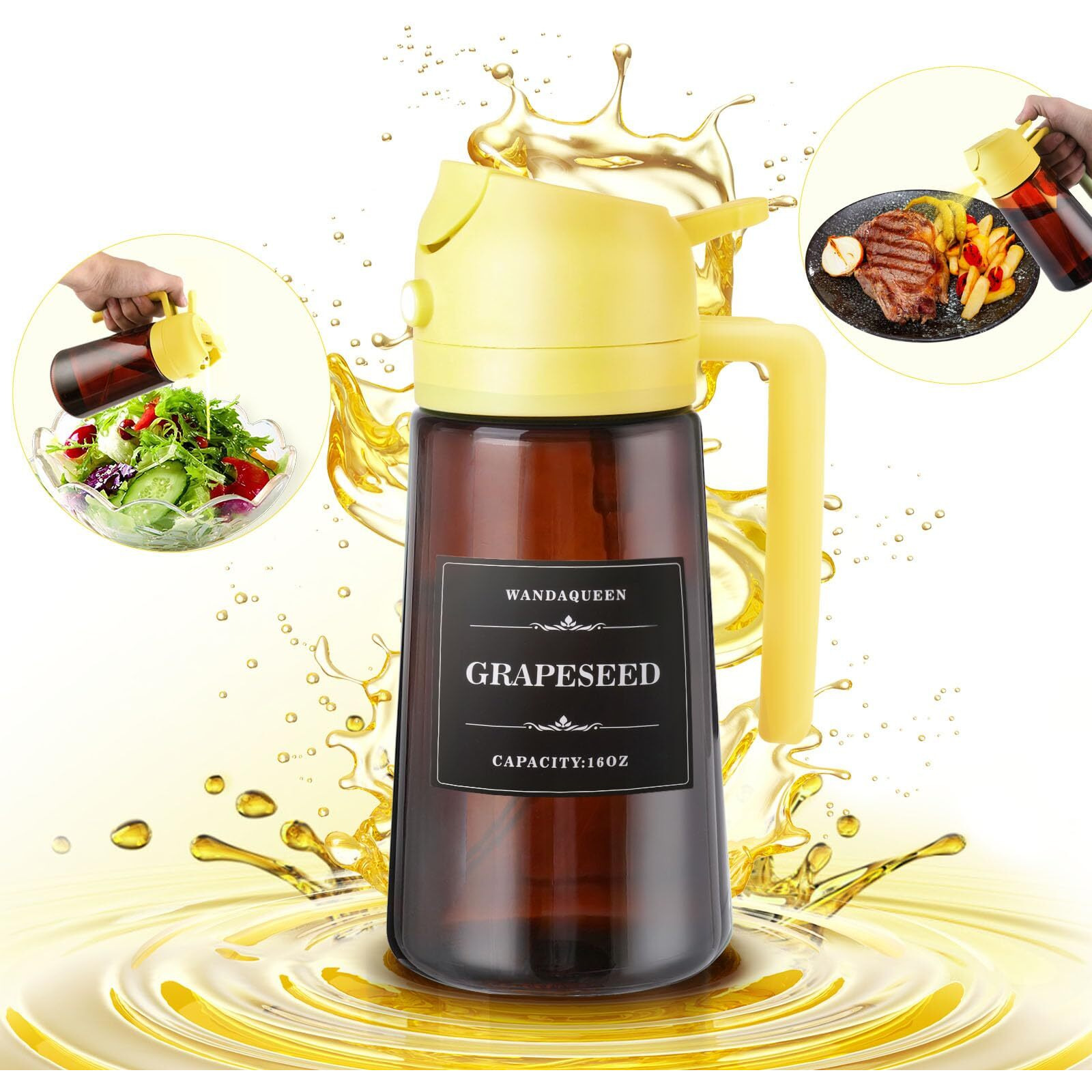 Wandaqueen 2 In 1 Oil Sprayer For Cooking, 16Oz Olive Oil Dispenser Bottle For Kitchen With 8 Stickers For Air Fryer, Salad, Frying, Bbq (Upgraded Brown Yellow)