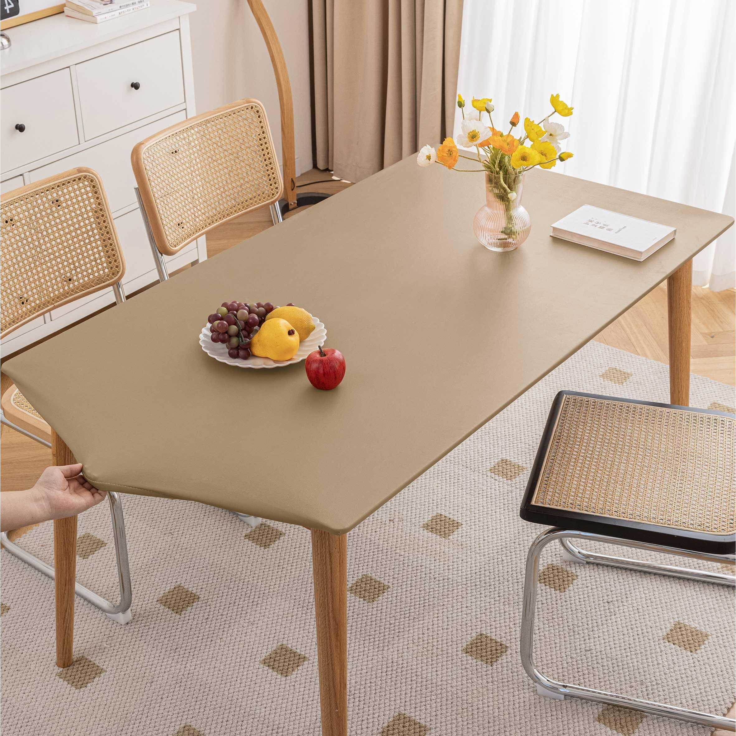 Huierxun Pu Stretch Fitted Rectangle Tablecloth With Elastic Edge 31 X 47 Inch Waterproof Oil Proof Table Cloth Wipeable Table Cover For Indoor Outdoor Furniture Protect (Cream Coffee,31"&quotX47"")