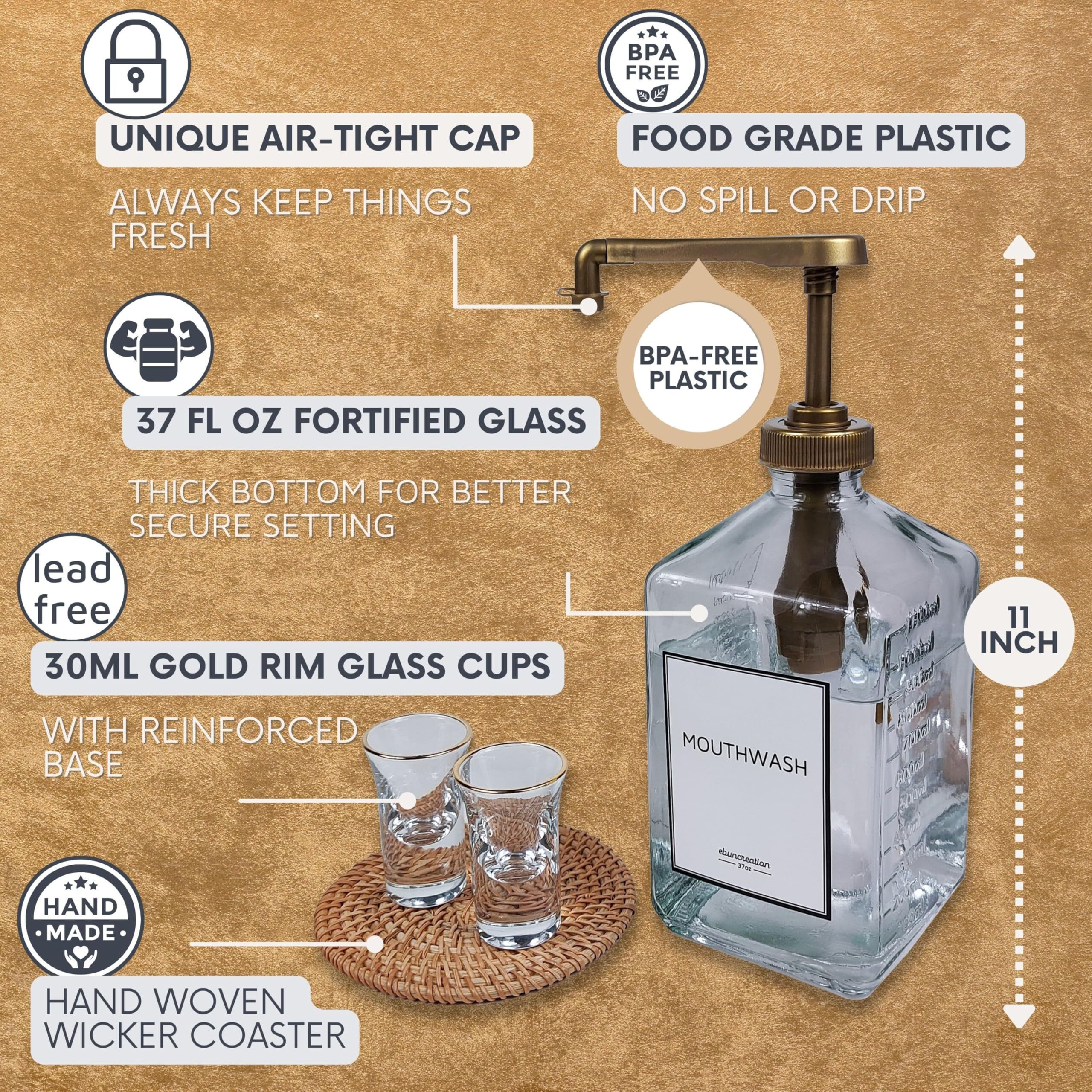 Ebun Goldengleam Glass Mouthwash Dispenser (Gold Plastic Pump) 37Oz Mouthwash Pump Dispenser, Mouth Wash Holder With Rinse Cup, Mouth Wash Glass Bottle, Decanter, Large Bottle For Bathroom Set