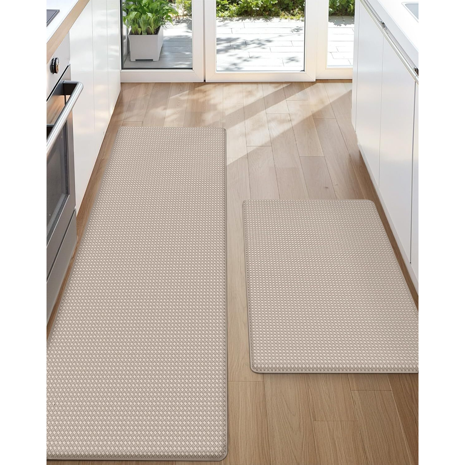 Color&Geometry Anti Fatigue Cushion Padded Kitchen Mat For Floor - 17X29+17X59,Easy Clean, Water & Oil Proof, Anti Slip, Foam Rubber Runner Rug For Front Sink Comfort Standing,Dark Beige Set Of 2