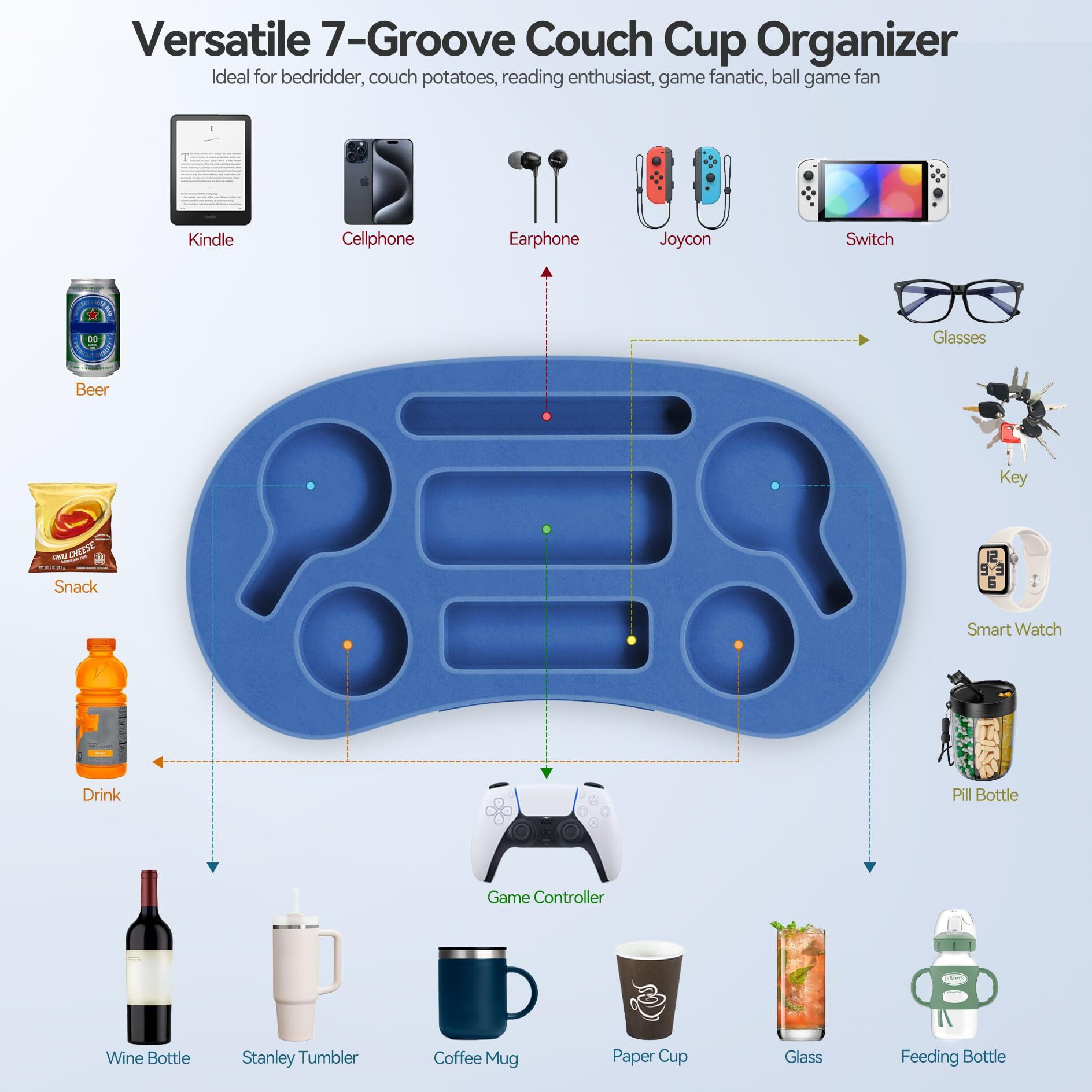 Couch Cup Holder Pillow Tray With 7 Slots, Couch Caddy & Buddy As Gaming Pillow, Couch Drink Or Snack Holder, Couch Organizer For Cup, Drink, Game Controller, Remote, Phone
