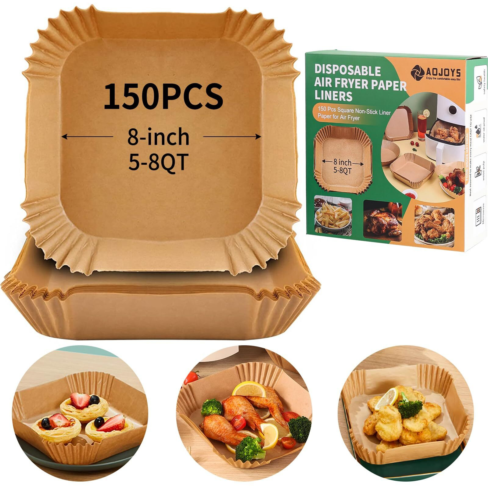 Air Fryer Liners Disposable Paper, 150 Pcs Non-Stick Parchment Paper, Air Fryer Disposable Liners For 5-8Qt Air Fryer, Oil-Proof 8 Inch Airfryer Paper For Frying, Baking, Roasting Microwave (Square)