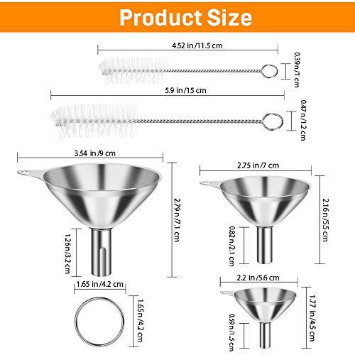 Kitchen Funnels For Filling Bottles, Ygdz 3Pcs Small/Medium/Large Food Grade Stainless Steel Metal Kitchen Funnels Set For Essential Oil Spices Liquid, 2Pcs Cleaning Brushes