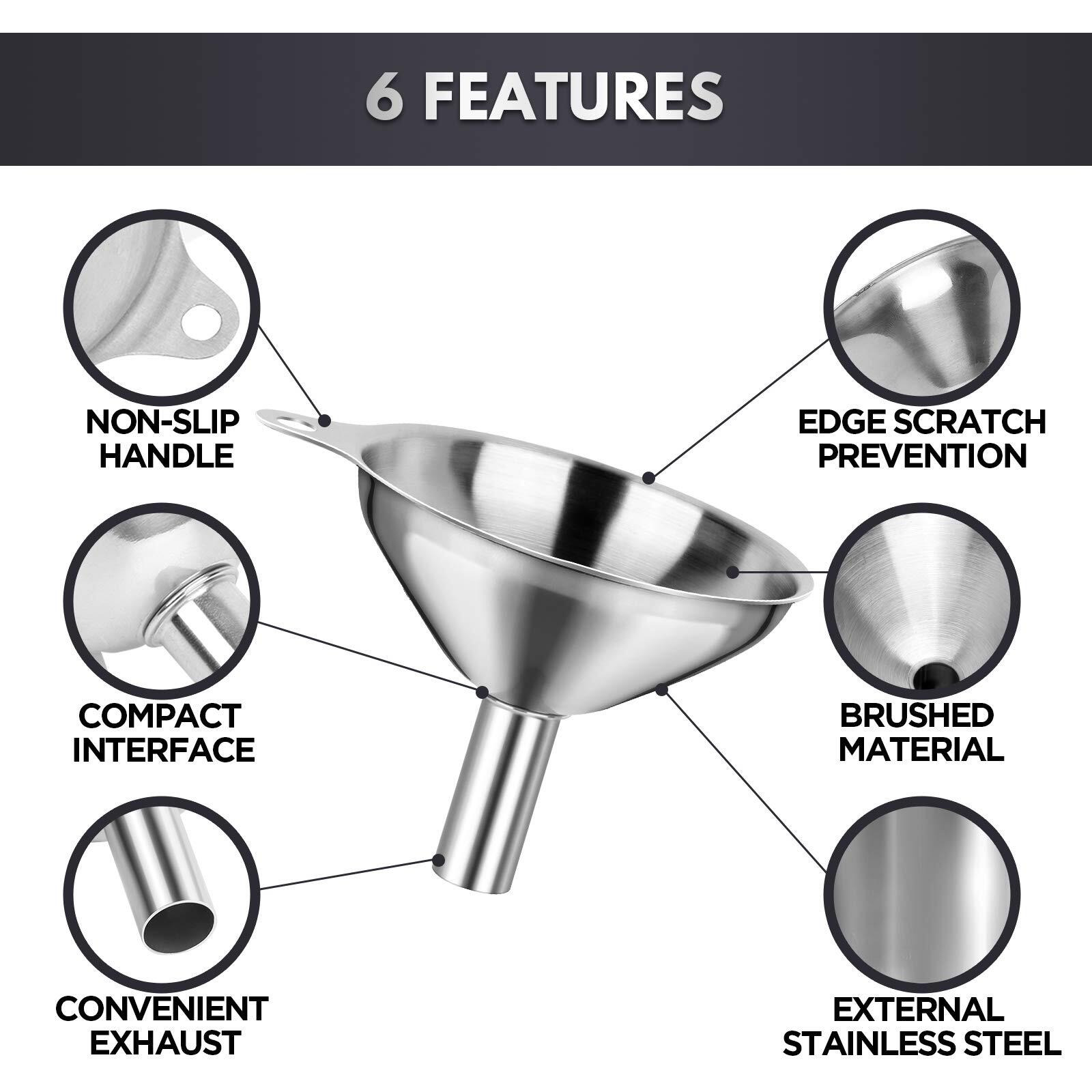 Kitchen Funnels For Filling Bottles, Ygdz 3Pcs Small/Medium/Large Food Grade Stainless Steel Metal Kitchen Funnels Set For Essential Oil Spices Liquid, 2Pcs Cleaning Brushes