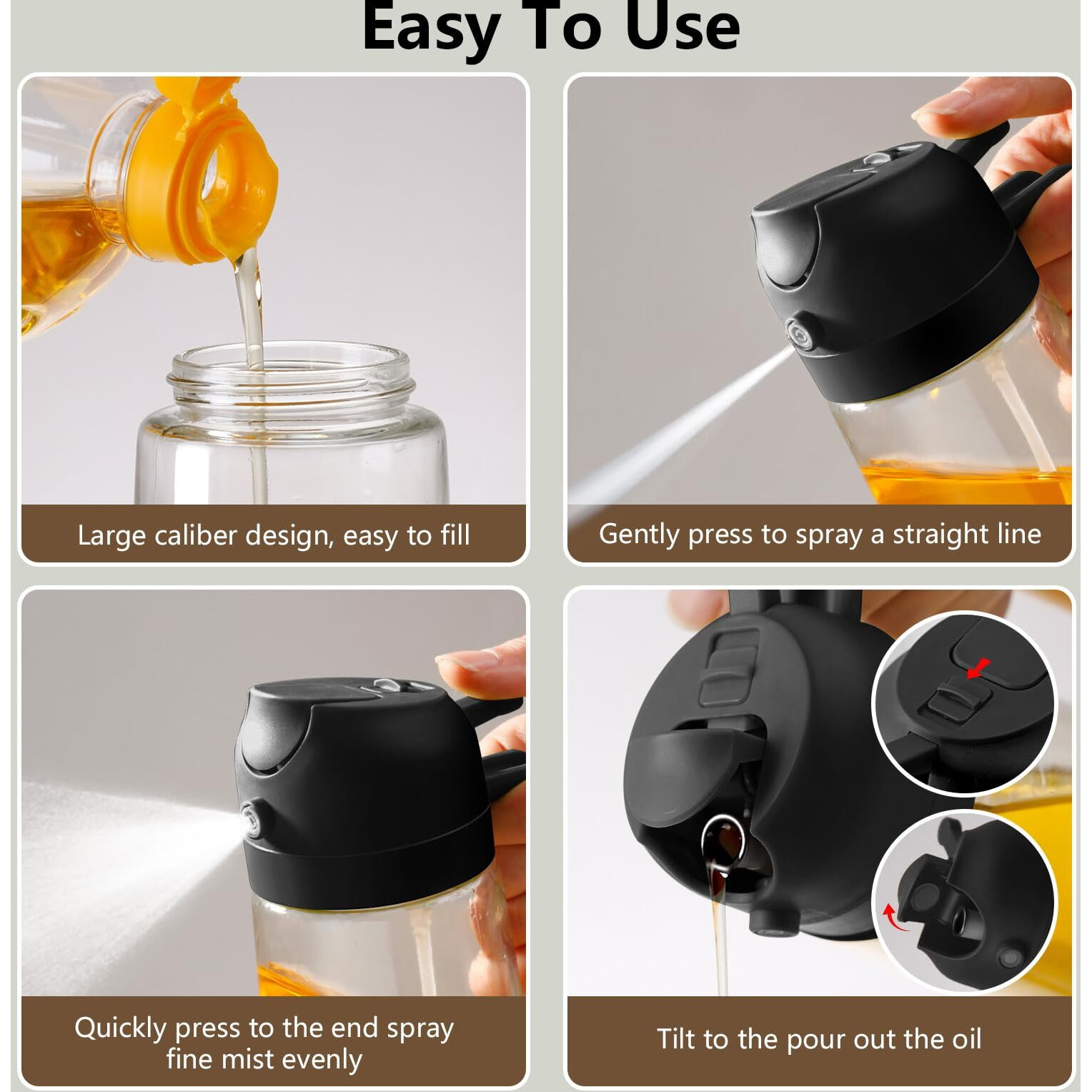 Sweet View 2Pcs Oil Sprayer For Cooking, 470Ml 2 In 1 Sprayr & Pour, Glass Olive Oil Dispenser Pourer For Kitchen, Air Fryer, Cooking, Salad, Bbq (Black,Black)