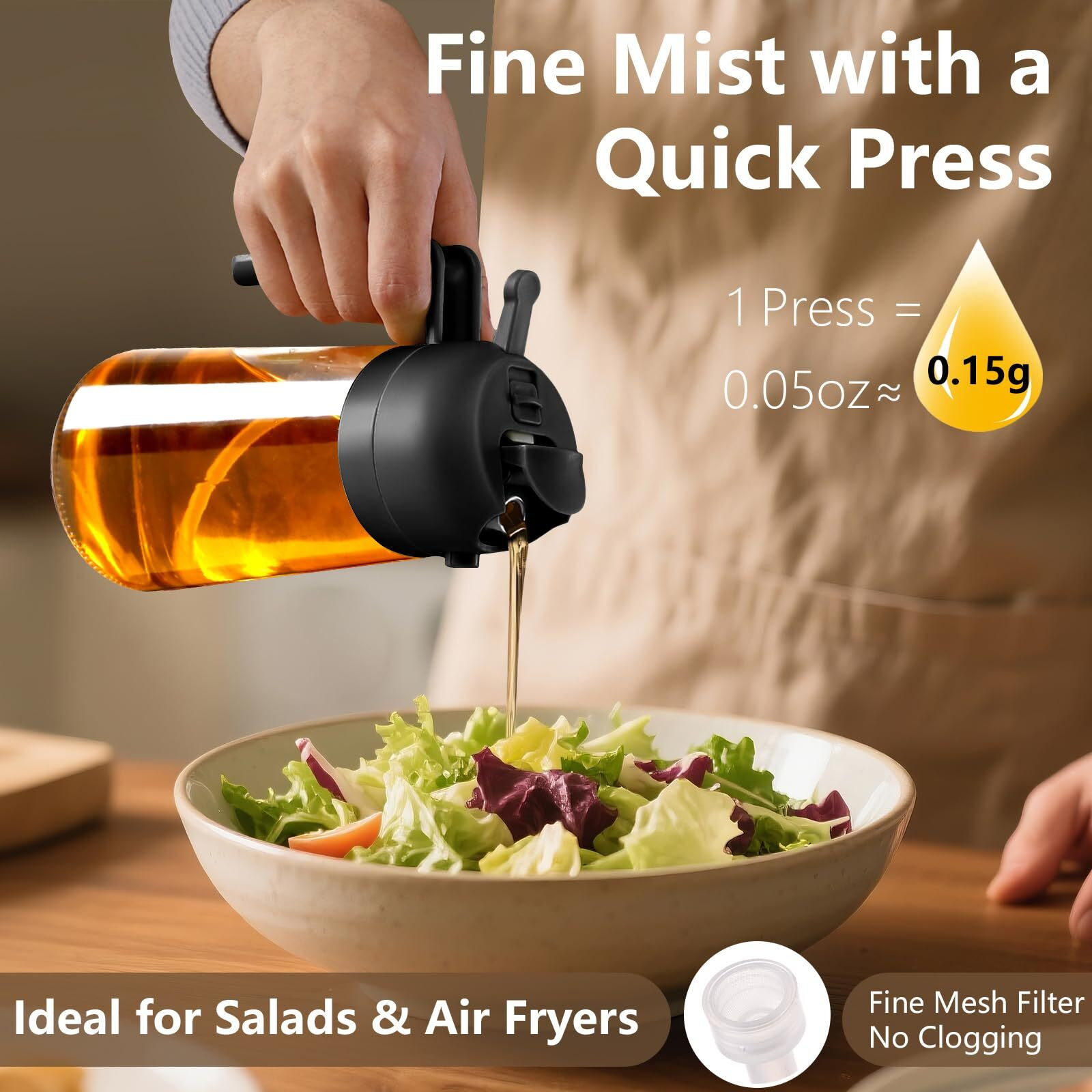 Sweet View 2Pcs Oil Sprayer For Cooking, 470Ml 2 In 1 Sprayr & Pour, Glass Olive Oil Dispenser Pourer For Kitchen, Air Fryer, Cooking, Salad, Bbq (Black,Black)