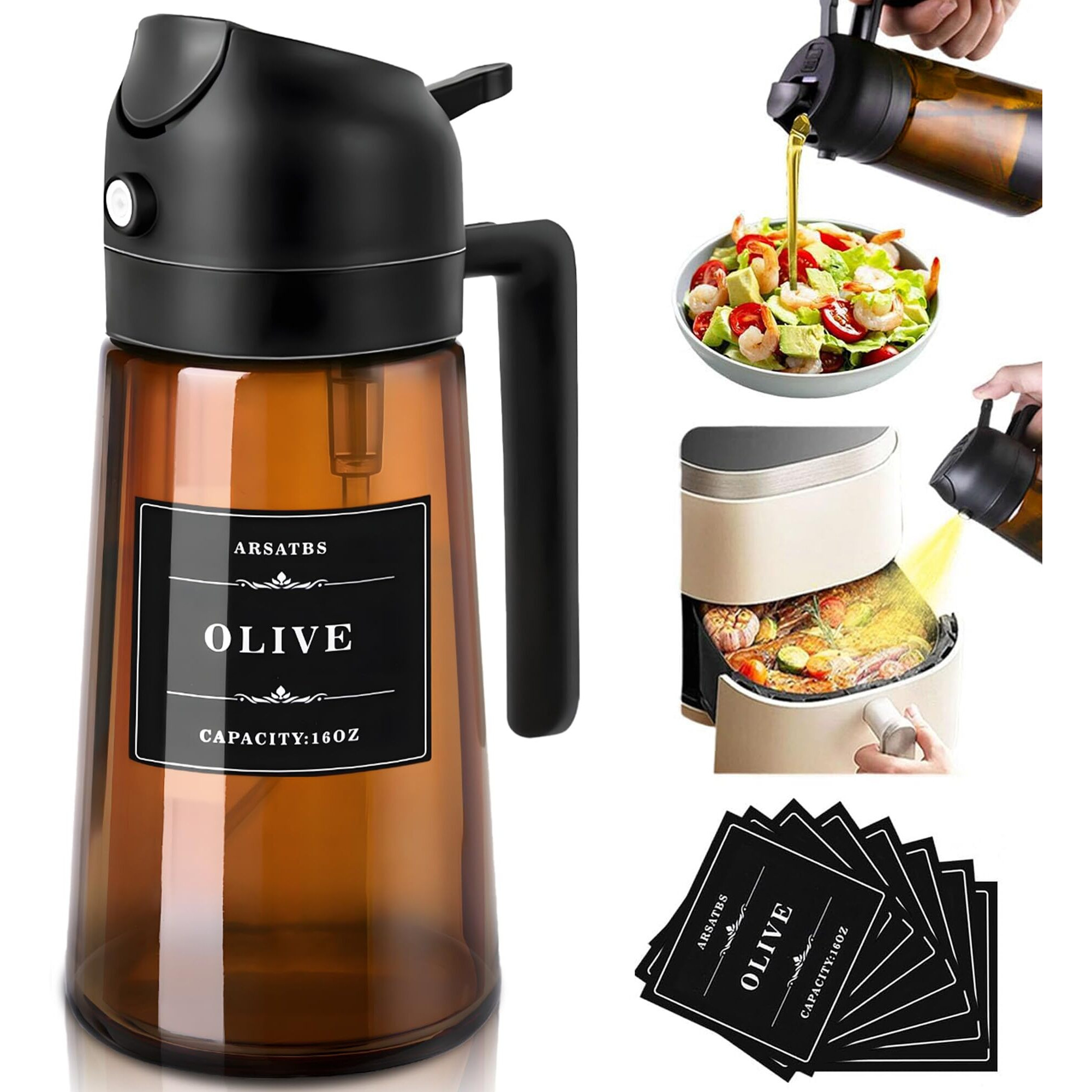 Arsatbs Oil Sprayer For Cooking 2 In 1 Olive Oil Dispenser Bottle Spray And Pour Kitchen Gadgets For Air Fryer, Salad, Bbq - 16Oz/470Ml Glass Mister Bottle With Stickers -Upgraded Brown