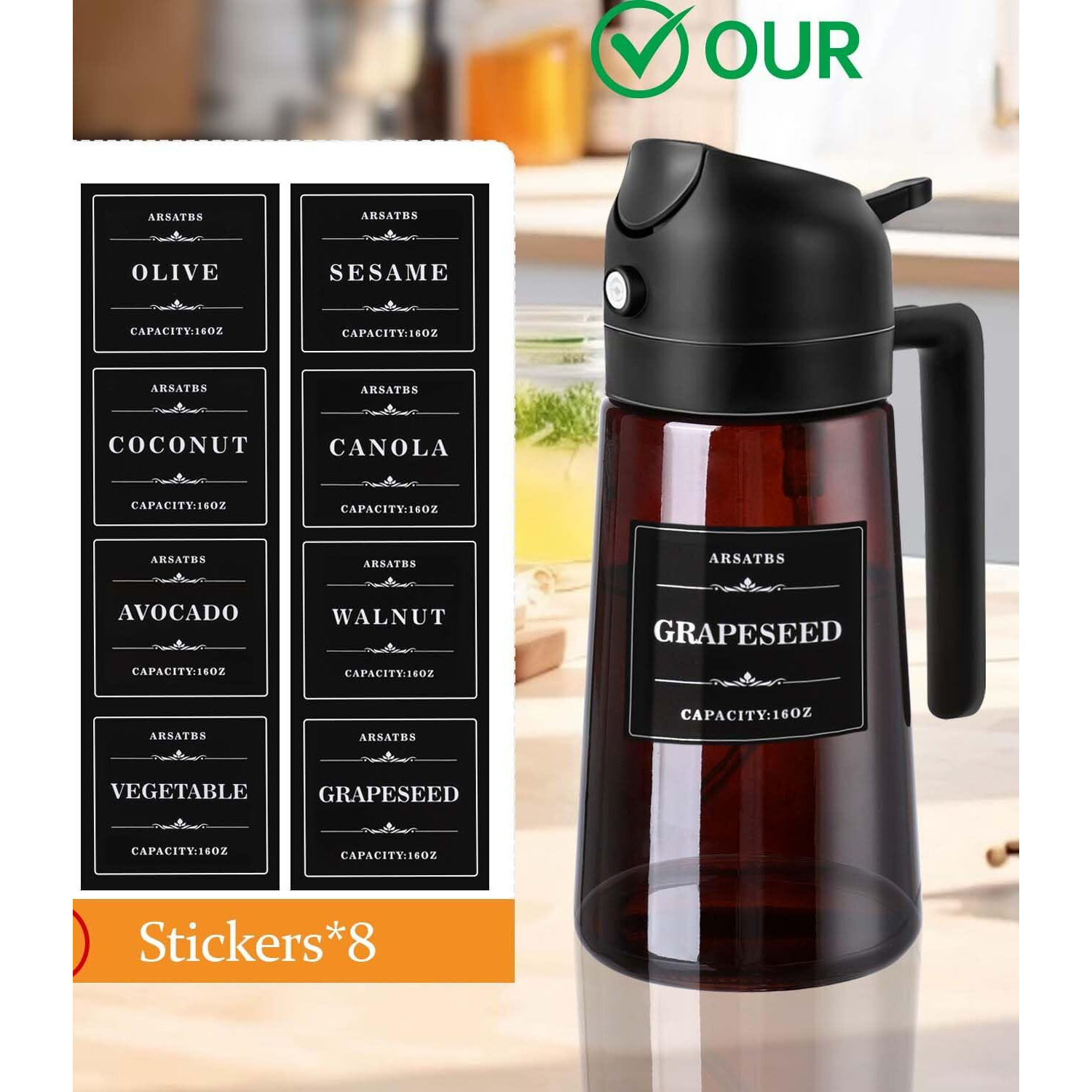 Arsatbs Oil Sprayer For Cooking 2 In 1 Olive Oil Dispenser Bottle Spray And Pour Kitchen Gadgets For Air Fryer, Salad, Bbq - 16Oz/470Ml Glass Mister Bottle With Stickers -Upgraded Brown