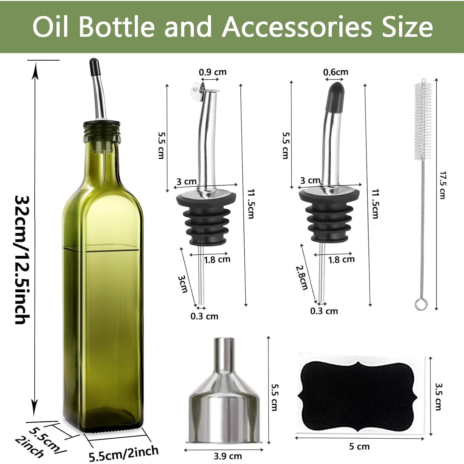 Leaflai Olive Oil Dispenser Bottle, 17Oz Glass Olive Oil Dispenser And Vinegar Dispenser Set 500Ml Green Glass Olive Oil Bottle Dispenser With Pourers,Funnel And Brush