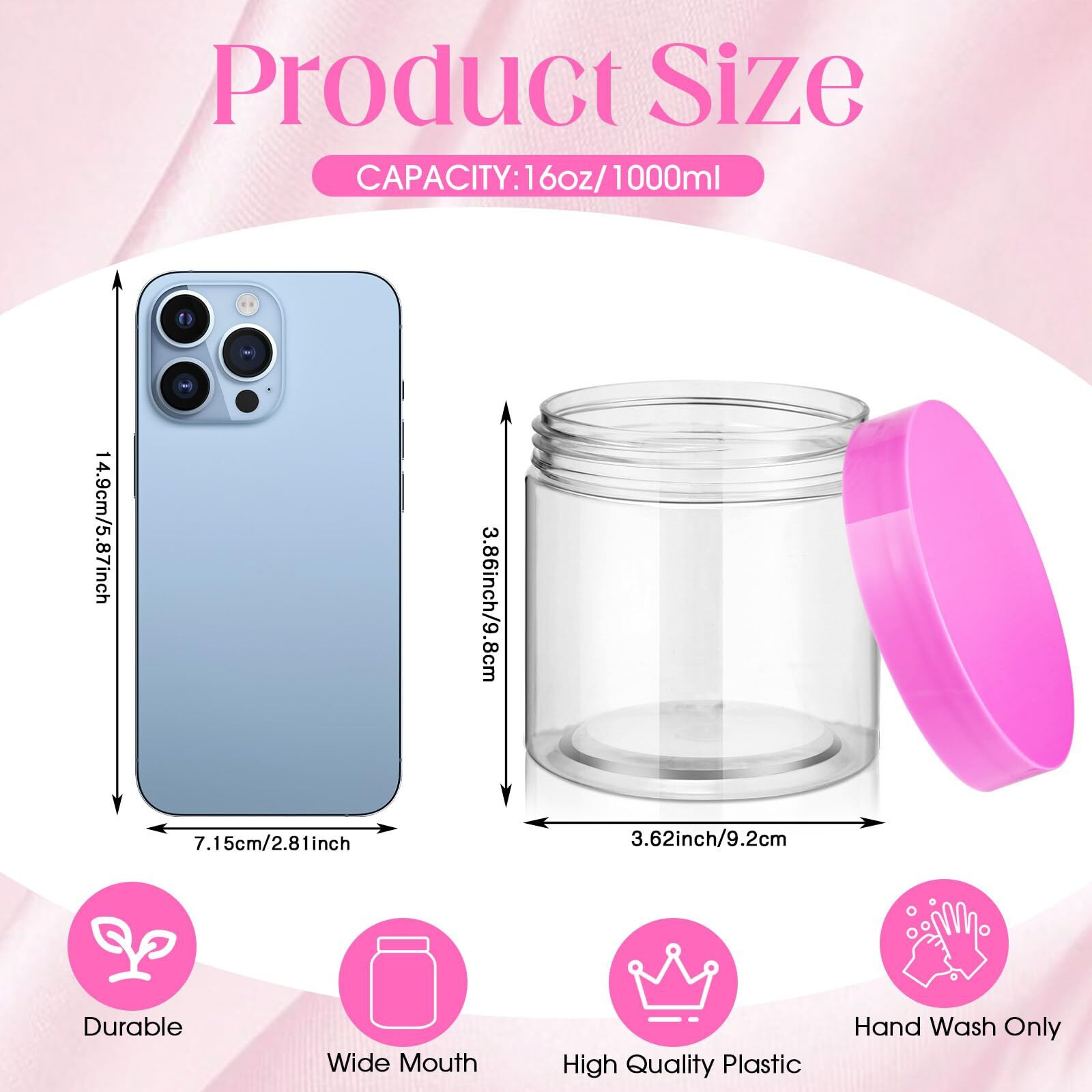 Patelai 4 Pieces Round Wide-Mouth Leak Proof Plastic Container Jars With Lids For Travel Storage Makeup Beauty Products Face Creams Oils Salves Ointments Diy Making(16 Ounce,Pink)