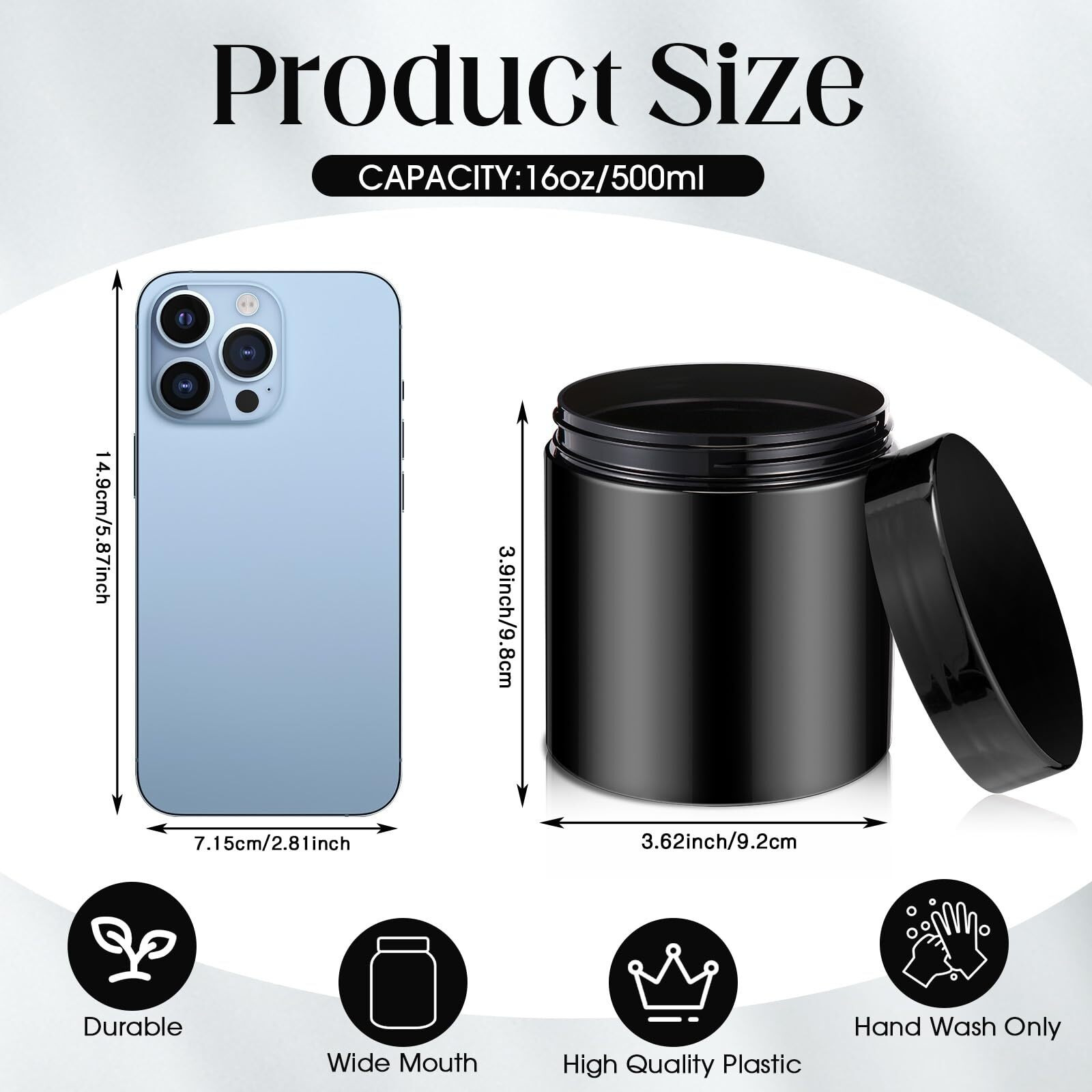 Patelai 4 Pieces Round Wide-Mouth Leak Proof Plastic Container Jars With Lids For Travel Storage Makeup Beauty Products Face Creams Oils Salves Ointments Diy Making(16 Ounce,Pure Black)