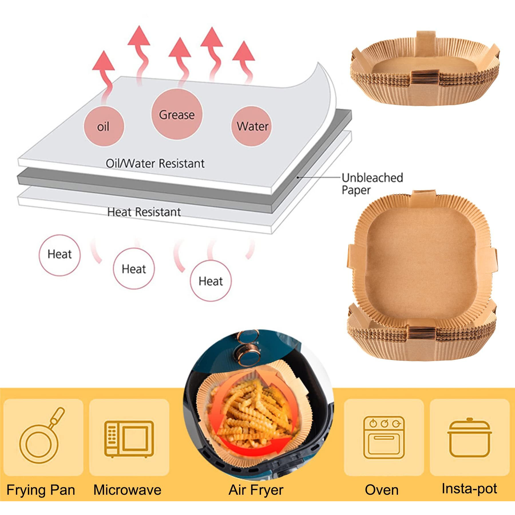 Air Fryer Disposable Paper Liner, Square Parchment Cooking Non-Stick, Baking Roasting Food Grade Paper For Air Fryer, Microwave Oven, Frying Pan, Oil-Proof, Water-Proof (100Pcs 6.3 Inch Natural)
