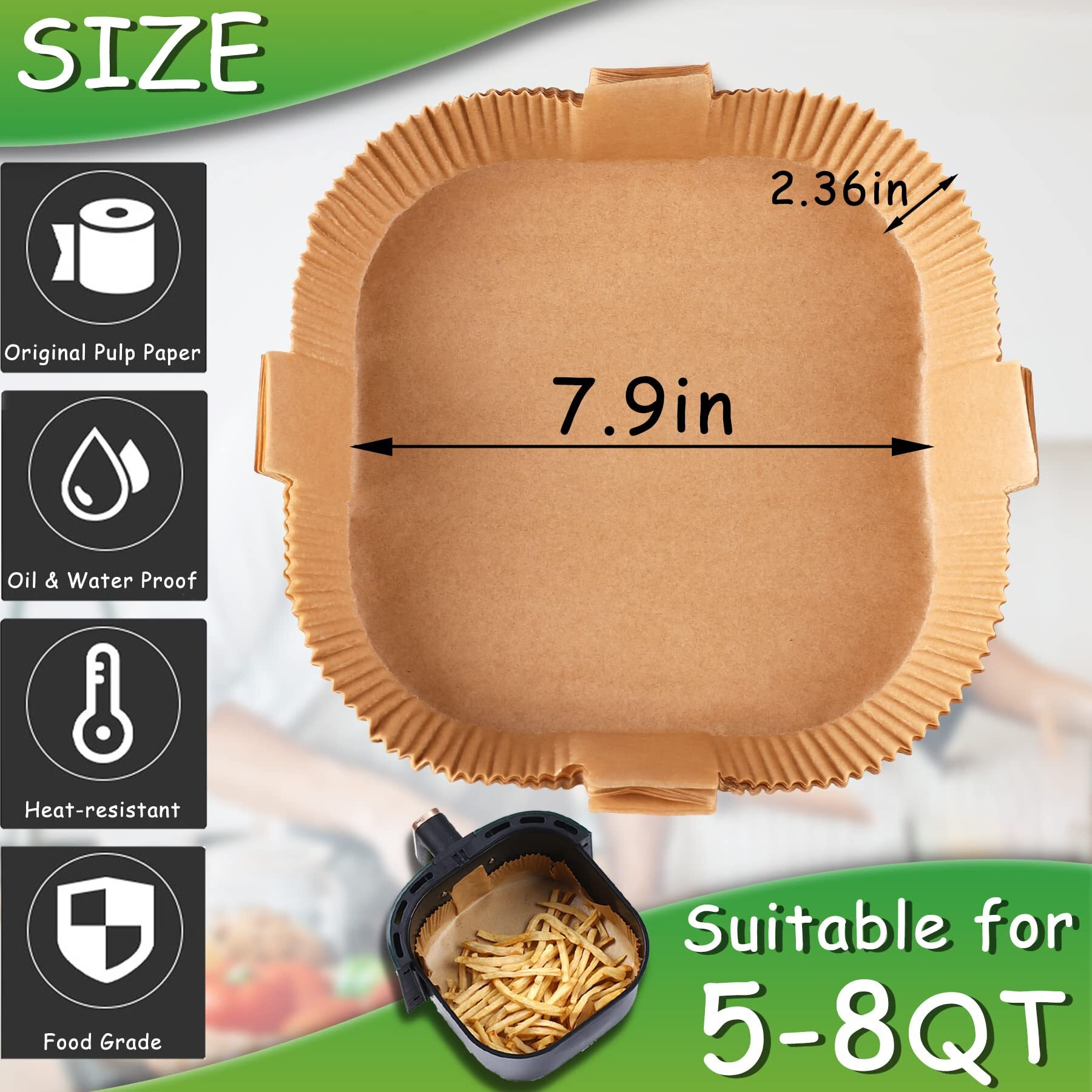 Air Fryer Disposable Paper Liner - 60Pcs 7.9In Square Non-Stick Insert Parchment Paper Liners, Oil-Proof, Water-Proof Cooking Baking Roasting Filter Sheet For Airfryer Basket, Microwave, Oven, Dryer