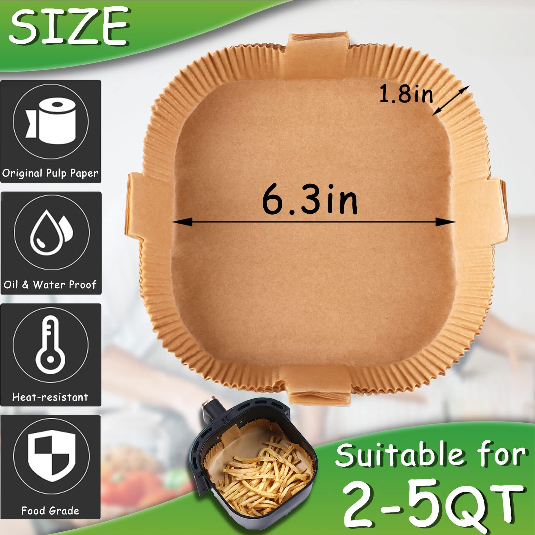 Air Fryer Disposable Paper Liner - 60Pcs 6.3Inch Square Non-Stick Parchment Paper Liners, Oil-Proof, Water-Proof Cooking Baking Roasting Filter Paper For Air Fryers Basket, Microwave Oven, Frying Pan