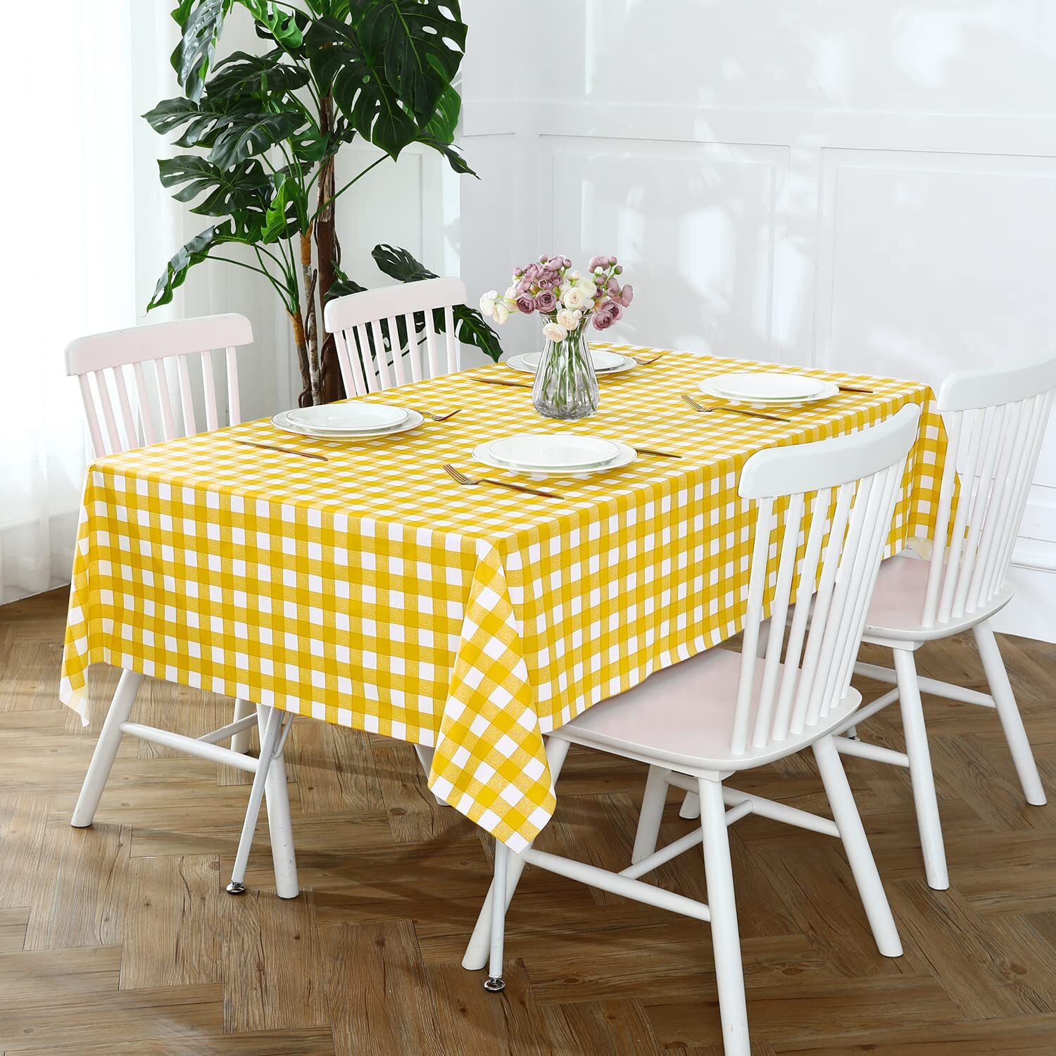 Romanstile Square Vinyl Pvc Tablecloth, 100% Waterproof Buffalo Plaid Plastic Table Cloth, Oil Proof Heavy Duty Wipeable Table Covers For Dining/Camping/Picnic/Outdoor - 54 X 54, Yellow And White