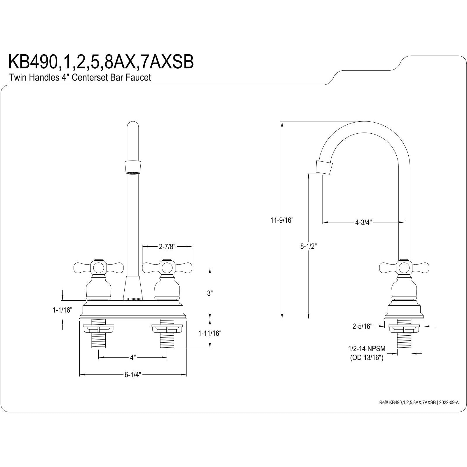 Kingston Brass Kb495Ax Bar Faucet, 4-3/4"" In Spout Reach, Oil Rubbed Bronze