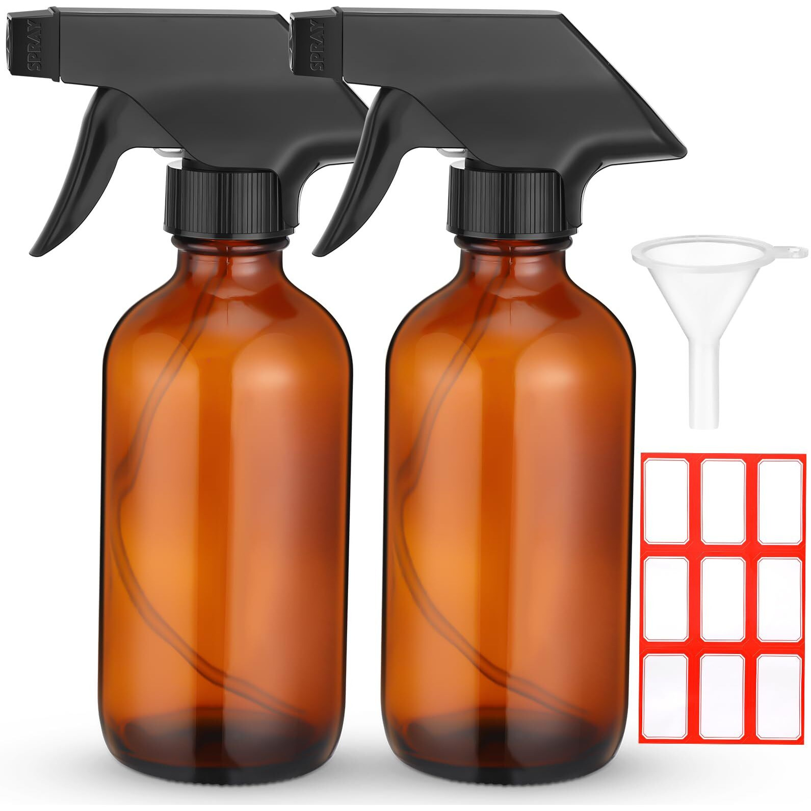 Fumete 2 Pack Glass Bottles 4Oz Empty Refillable Liquid Containers With 1 Label 1 Funnel For Essential Oils Hair Travel Plants Cleaning Skin Care(Amber, Black Top,Spray Bottle)