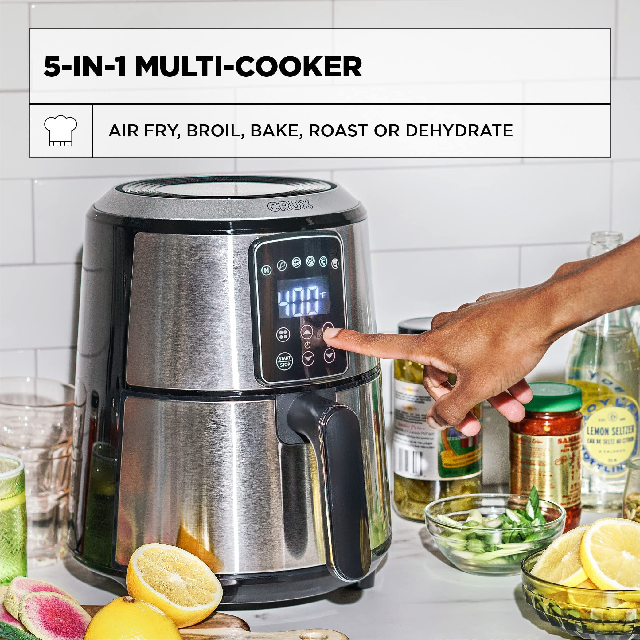 Crux 3Qt Digital Air Fryer, Faster Pre-Heat, No-Oil Frying, Fast Healthy Evenly Cooked Meal Every Time, Dishwasher Safe Non Stick Pan And Crisping Tray For Easy Clean Up, Stainless Steel