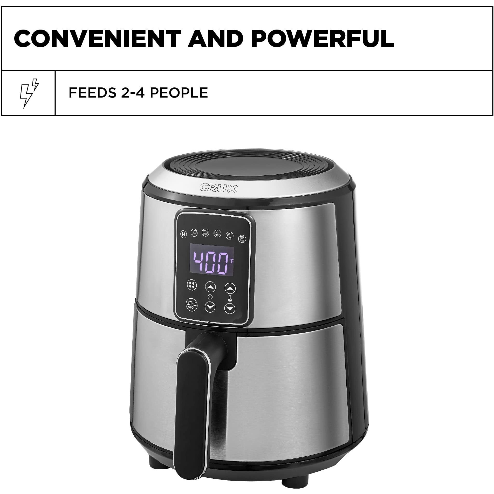 Crux 3Qt Digital Air Fryer, Faster Pre-Heat, No-Oil Frying, Fast Healthy Evenly Cooked Meal Every Time, Dishwasher Safe Non Stick Pan And Crisping Tray For Easy Clean Up, Stainless Steel