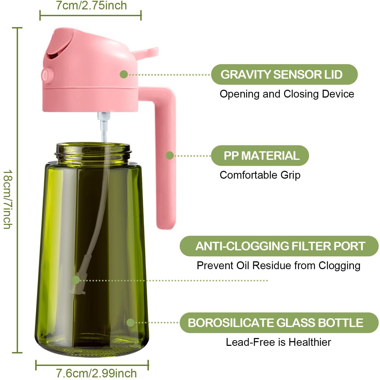 Yarramate 16Oz/470Ml Dark Green Oil Sprayer For Cooking With Stickers, Food-Grade Premium 2 In 1 Olive Oil Dispenser Bottle For Kitchen Gadgets, Air Fryer, Salad, Frying, Bbq (Pink)