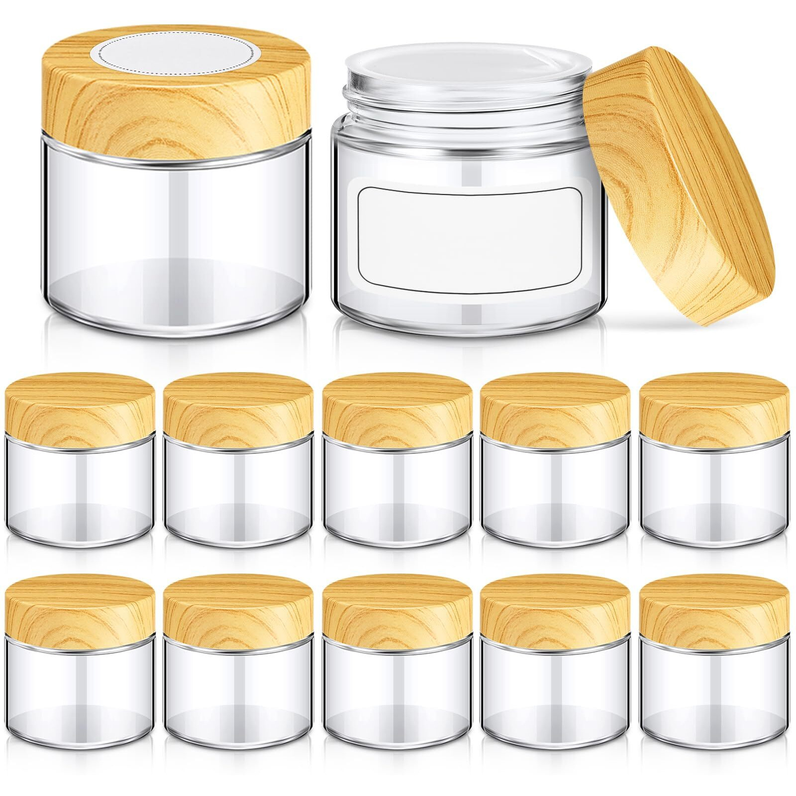 Layhit 12 Pcs Glass Jars With Lids Clear Small Jars With Plastic Woodgrain Lids, White Labels And Inner Liners Empty Round Cosmetic Containers For Creams Lotions Powder Candle Making (2Oz/ 60Ml)