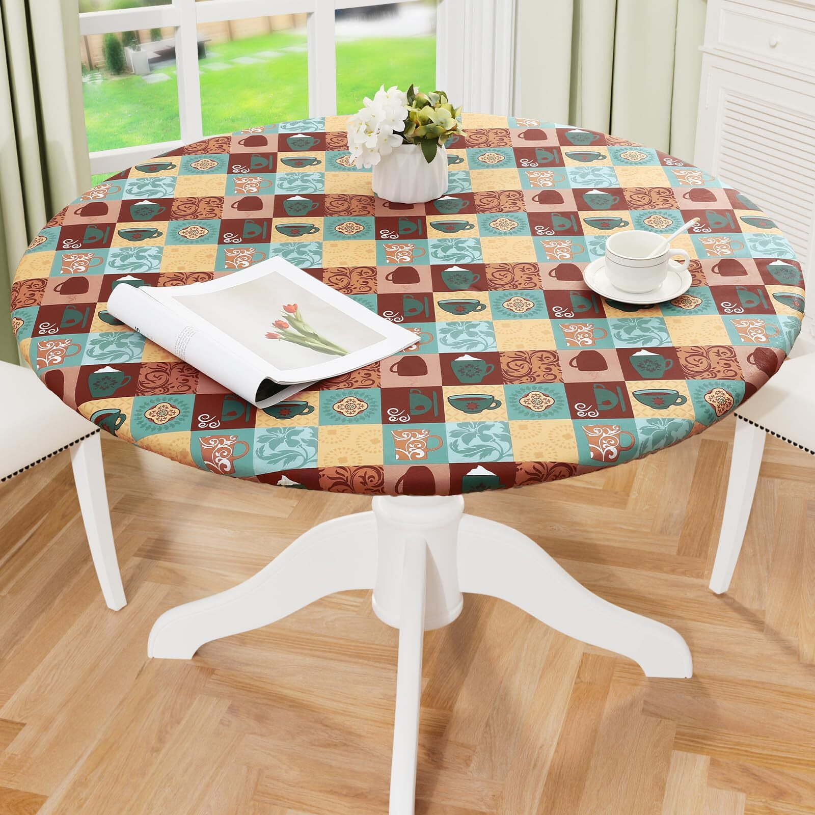 Misaya Round Fitted Tablecloth With Elastic Edge, 100% Waterproof Oil Proof Plastic Table Cover, Vinyl Flannel Backed Tablecloth Fits 36""-44"" Round Tables For Dinner, Outdoor, Picnic, Patterned Cups