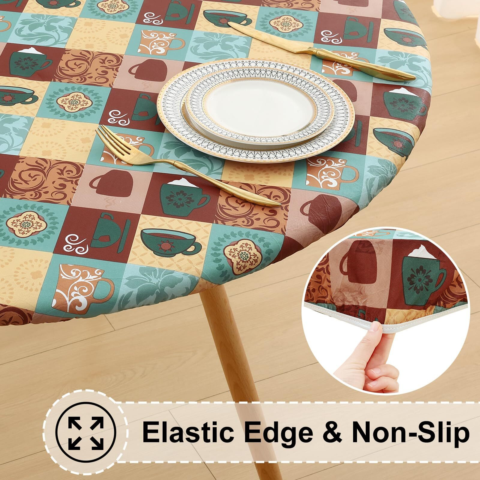 Misaya Round Fitted Tablecloth With Elastic Edge, 100% Waterproof Oil Proof Plastic Table Cover, Vinyl Flannel Backed Tablecloth Fits 36""-44"" Round Tables For Dinner, Outdoor, Picnic, Patterned Cups