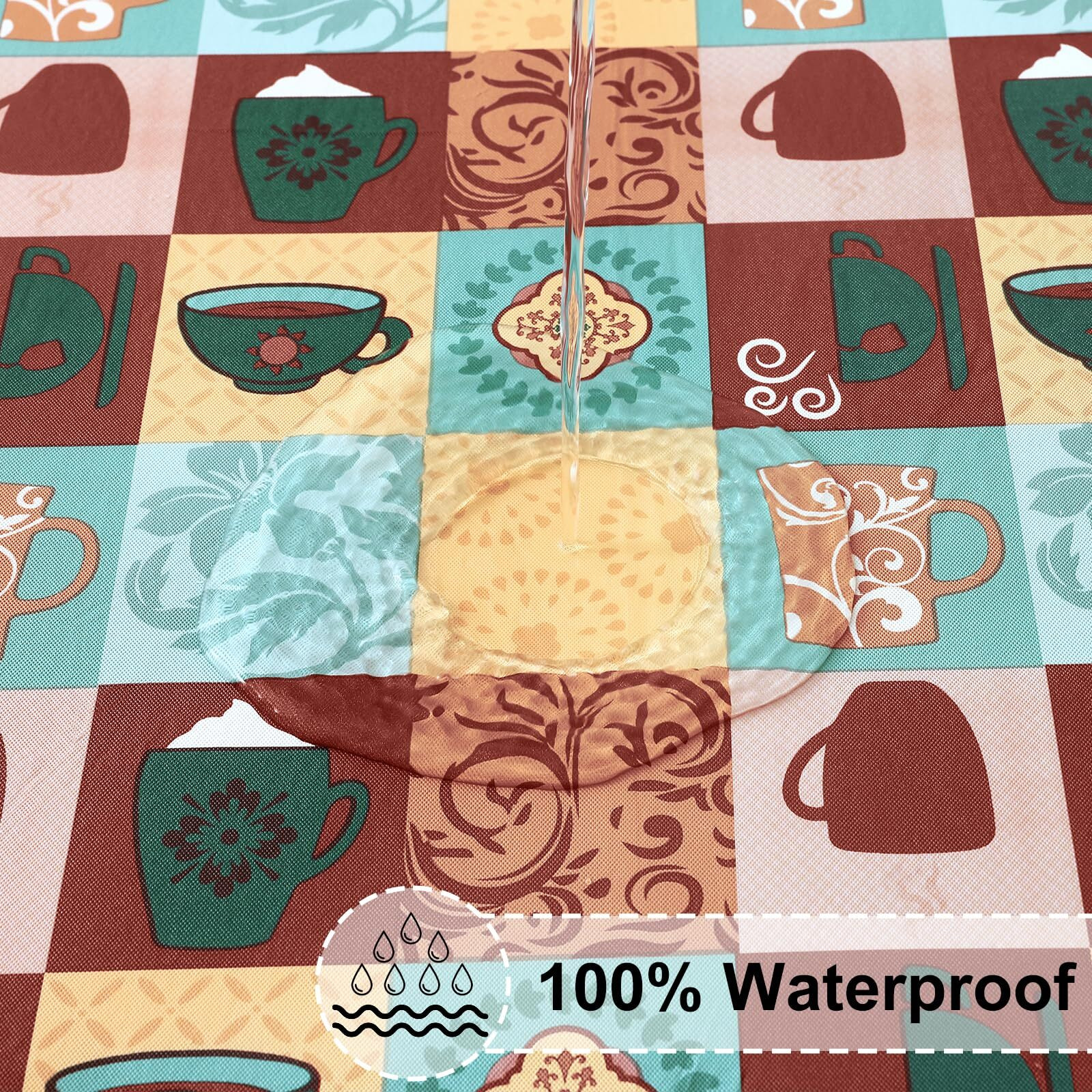 Misaya Round Fitted Tablecloth With Elastic Edge, 100% Waterproof Oil Proof Plastic Table Cover, Vinyl Flannel Backed Tablecloth Fits 36""-44"" Round Tables For Dinner, Outdoor, Picnic, Patterned Cups