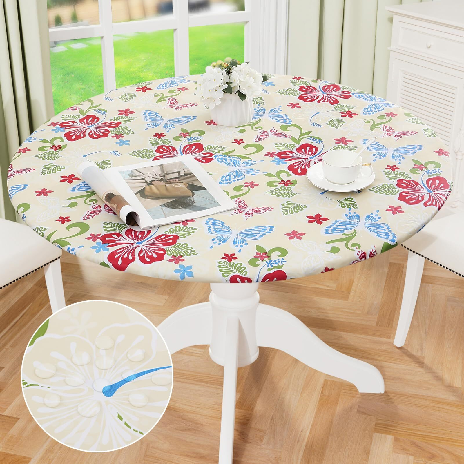 Misaya Round Fitted Tablecloth With Elastic Edge, 100% Waterproof Oil Proof Plastic Table Cover, Vinyl Flannel Backed Tablecloth Fits 57""-66"" Round Tables For Dinner, Outdoor, Picnic, Butterfly
