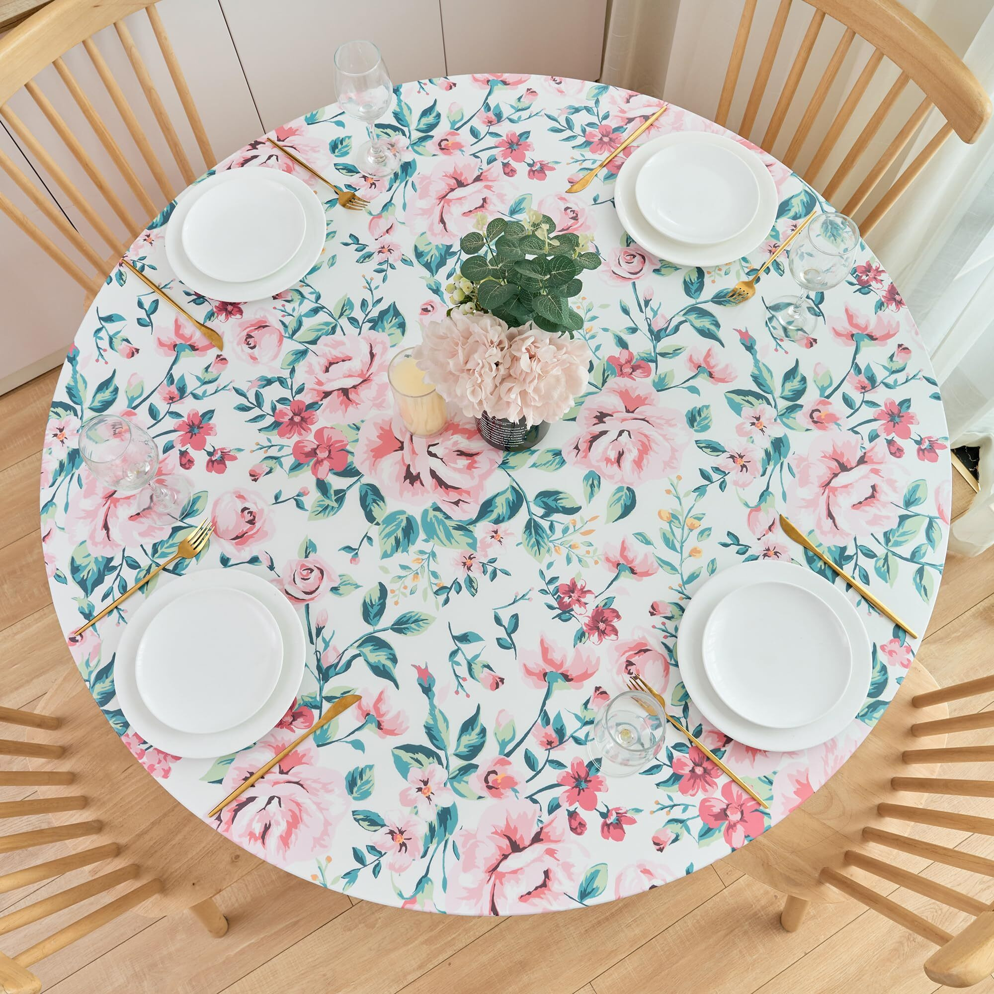 Nlmuvw Round Fitted Vinyl Tablecloth With Elastic Edge 100% Waterproof Oil Proof Super Elastic Table Cloth Wipe Clean Table Cover For Indoor And Outdoor,Flower Leaf, 37""- 54""