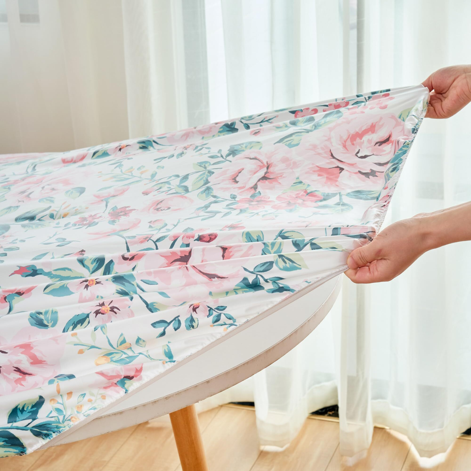 Nlmuvw Round Fitted Vinyl Tablecloth With Elastic Edge 100% Waterproof Oil Proof Super Elastic Table Cloth Wipe Clean Table Cover For Indoor And Outdoor,Flower Leaf, 37""- 54""