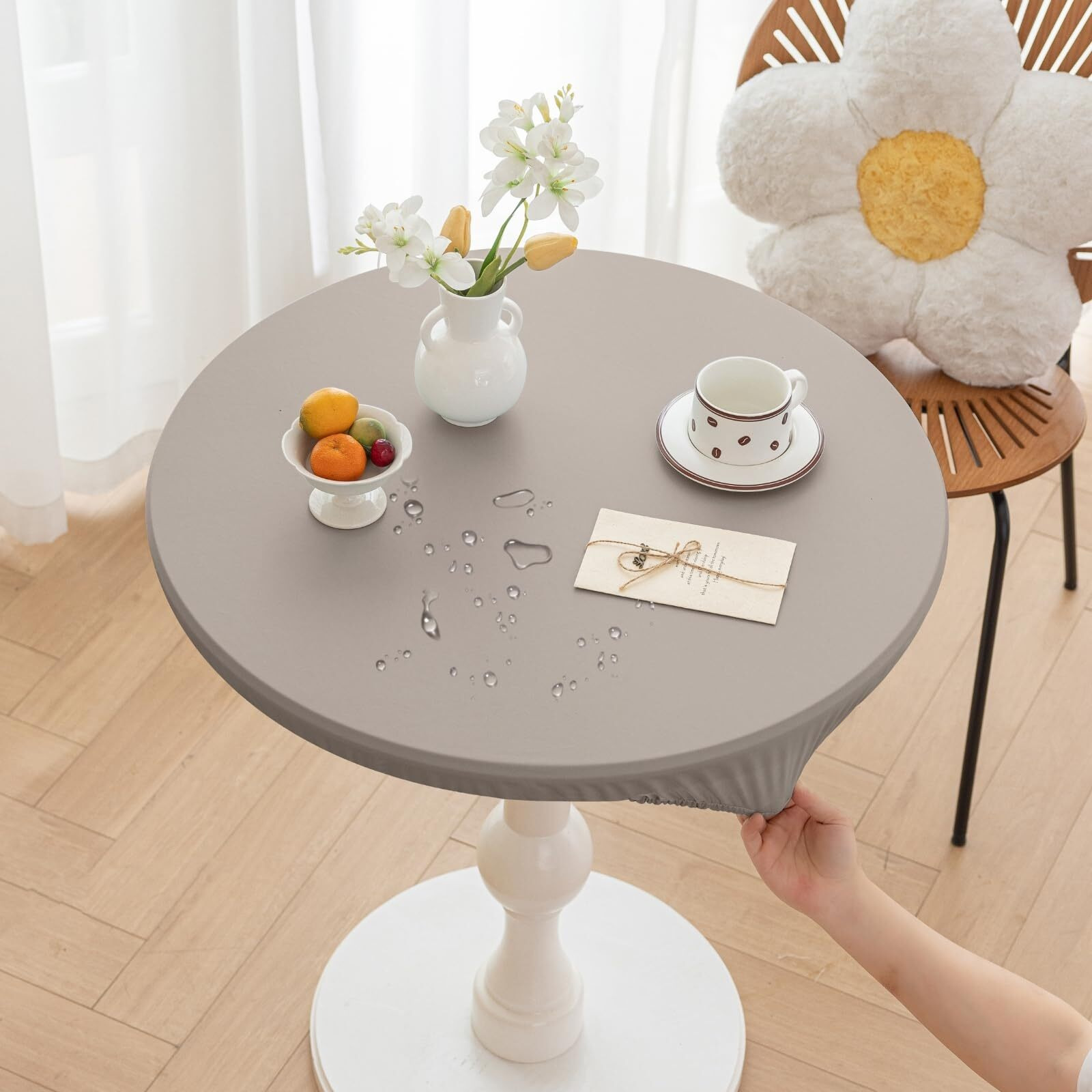 Huierxun Round Fitted Pu Tablecloth With High Elastic Edge 35 Inch Dia Waterproof Oil Proof Table Cloth Anti-Scald Stain-Resistant Wipeable Table Cover For Indoor Outdoor Picnic (Grey,35"" Dia)