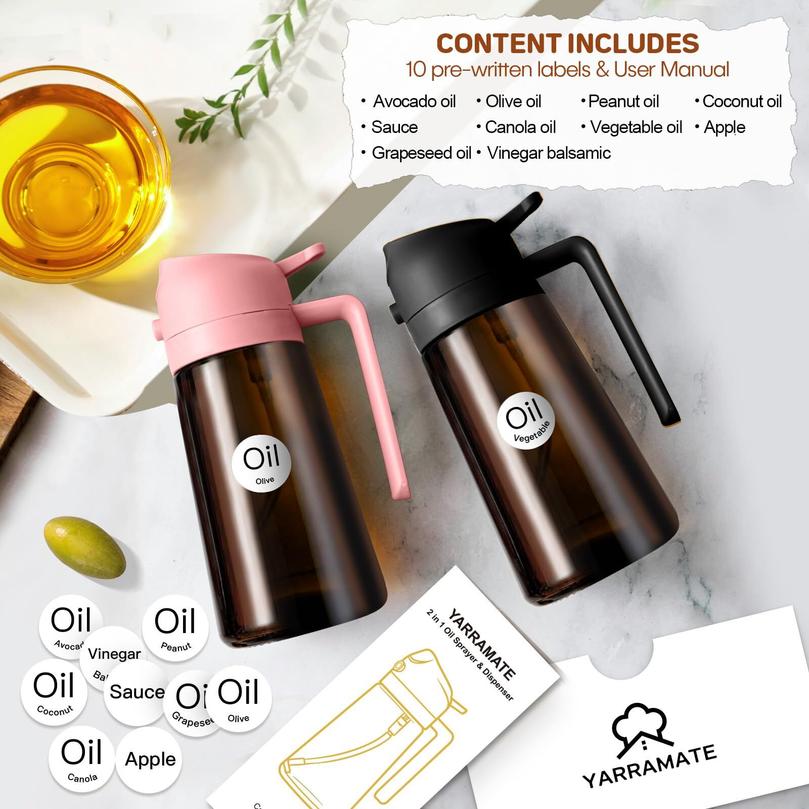 Yarramate 2Pcs 16Oz/470Ml Dark Brown Oil Sprayer For Cooking With Stickers, Food-Grade Premium 2 In 1 Olive Oil Dispenser Bottle For Kitchen Gadgets, Air Fryer, Salad, Frying, Bbq (Pink&Black)