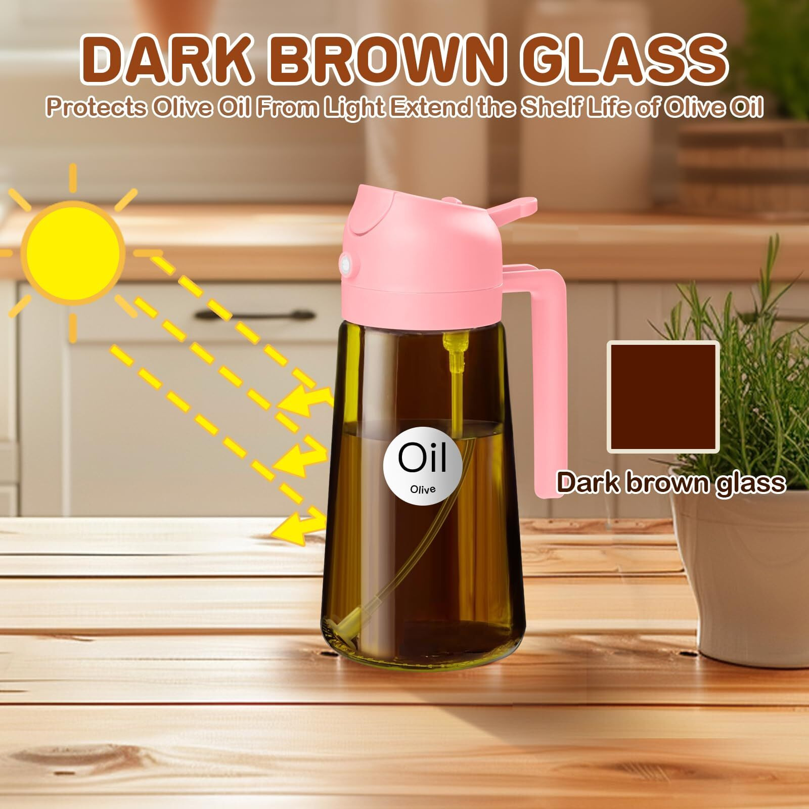 Yarramate 2Pcs 16Oz/470Ml Dark Brown Oil Sprayer For Cooking With Stickers, Food-Grade Premium 2 In 1 Olive Oil Dispenser Bottle For Kitchen Gadgets, Air Fryer, Salad, Frying, Bbq (Pink&Black)