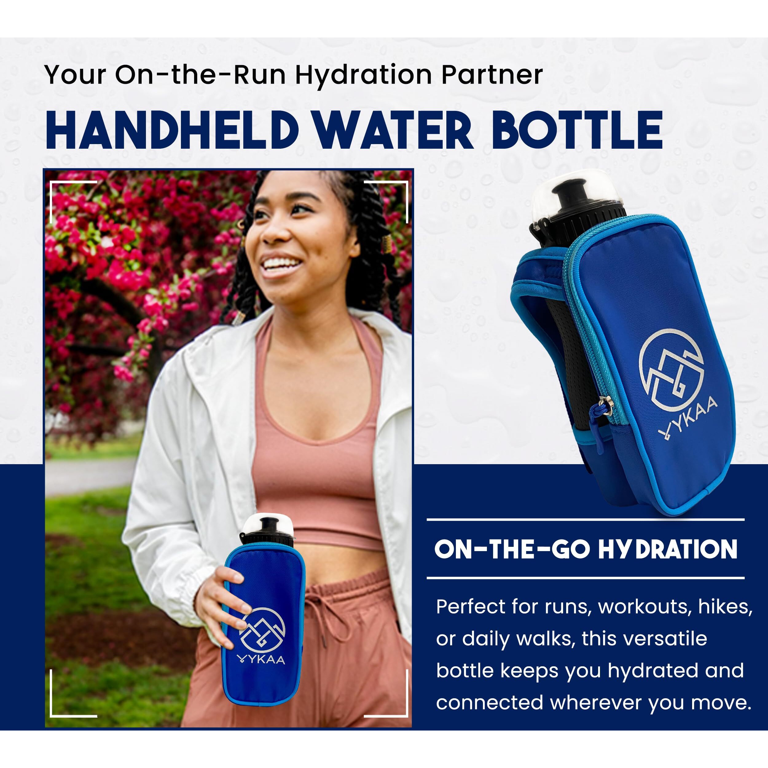 Vykaa Handheld Running Water Bottle (17Oz) | Water Bottle Phone Holder | Secure Seal & Non-Slip Rubber Grip | Phone Holder For Running | Hydration Bottle | Runners Water Bottle Hand (Blue)
