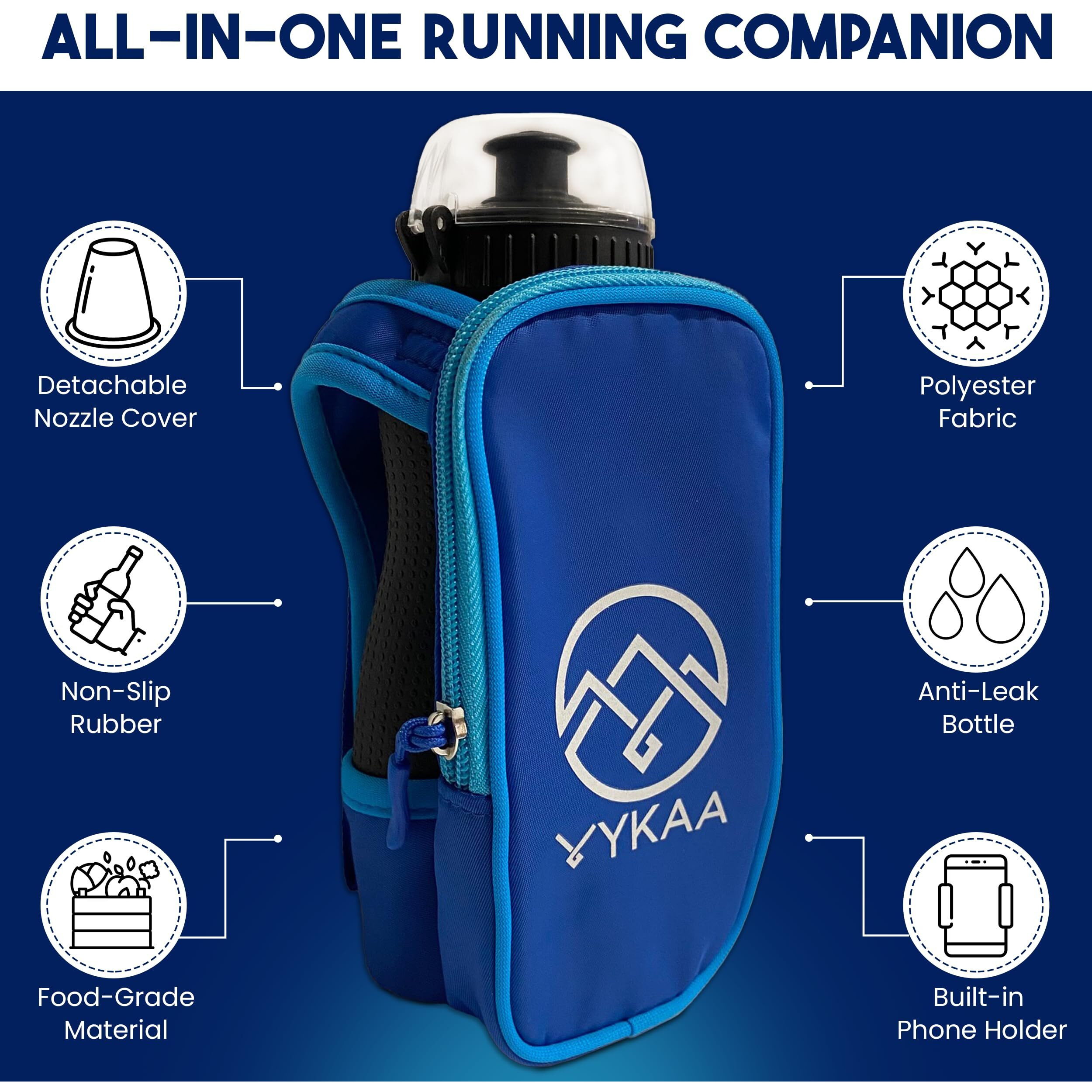 Vykaa Handheld Running Water Bottle (17Oz) | Water Bottle Phone Holder | Secure Seal & Non-Slip Rubber Grip | Phone Holder For Running | Hydration Bottle | Runners Water Bottle Hand (Blue)