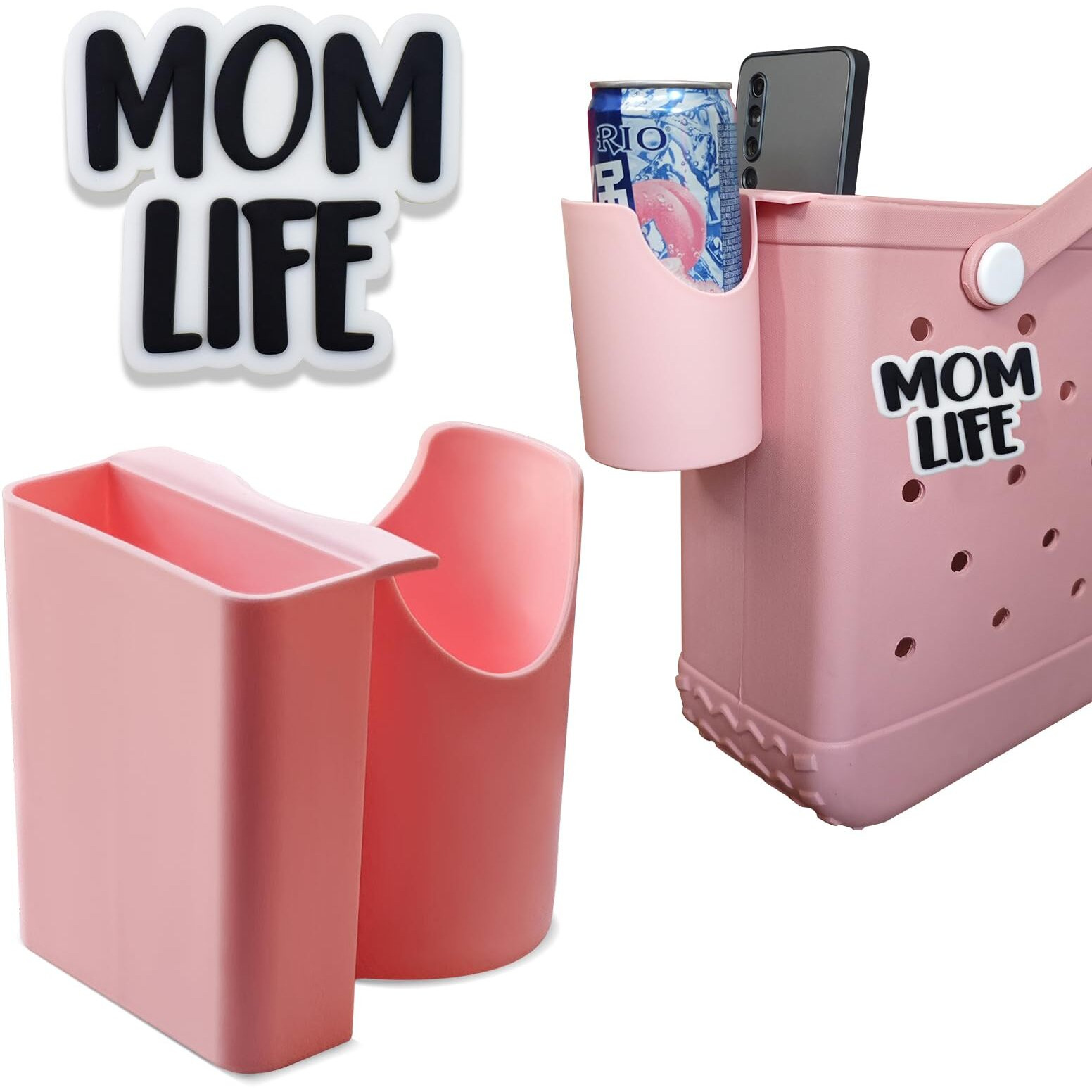 Hmges Phone And Cup 2In1 Holder For Bogg Bag,Multifunction Organizer Accessories For Rubber Beach Tote,Compatible With All Brands/Sizes Beach Bag & 20/30 Oz Stanley Tumbler-Pink