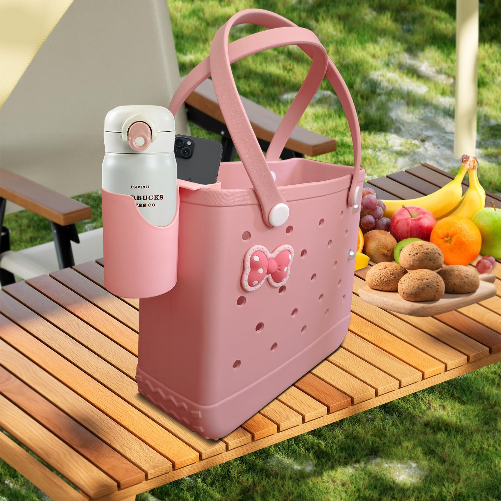 Hmges Phone And Cup 2In1 Holder For Bogg Bag,Multifunction Organizer Accessories For Rubber Beach Tote,Compatible With All Brands/Sizes Beach Bag & 20/30 Oz Stanley Tumbler-Pink
