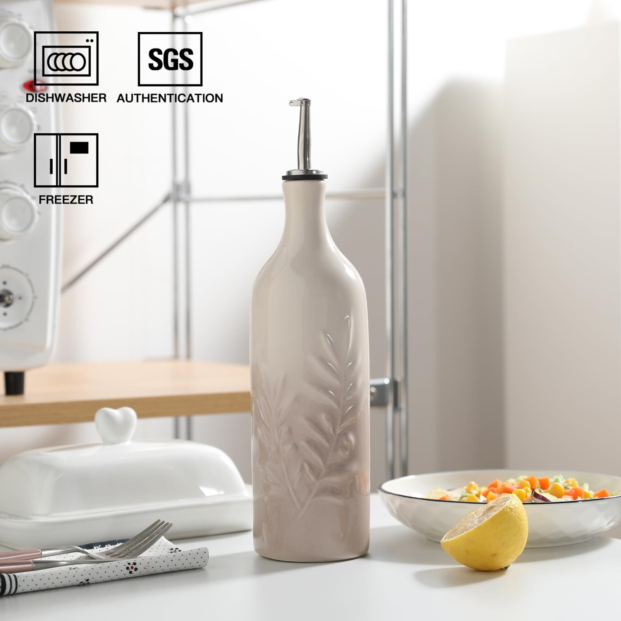 Sweejar Ceramic Olive Oil Dispenser Bottle, 24 Oz Relief Opaque Oil Cruet Protects To Reduce Oxidation, Suitable For Storage Soy Sauce, Coffee Syrup, Liquids, Set Of 1 (Gradient Foggray)