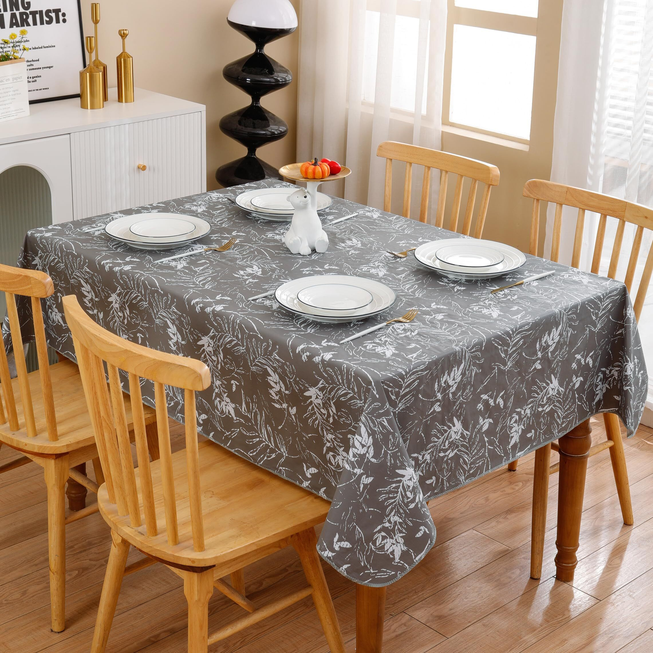 Heavy Duty Vinyl Tablecloth With Flannel Backing Waterproof Oil-Proof Plastic Table Cloth Stain-Resistant Wipeable Rectangle Or Square Table Cover For Indoor And Outdoor (Grey Leaf