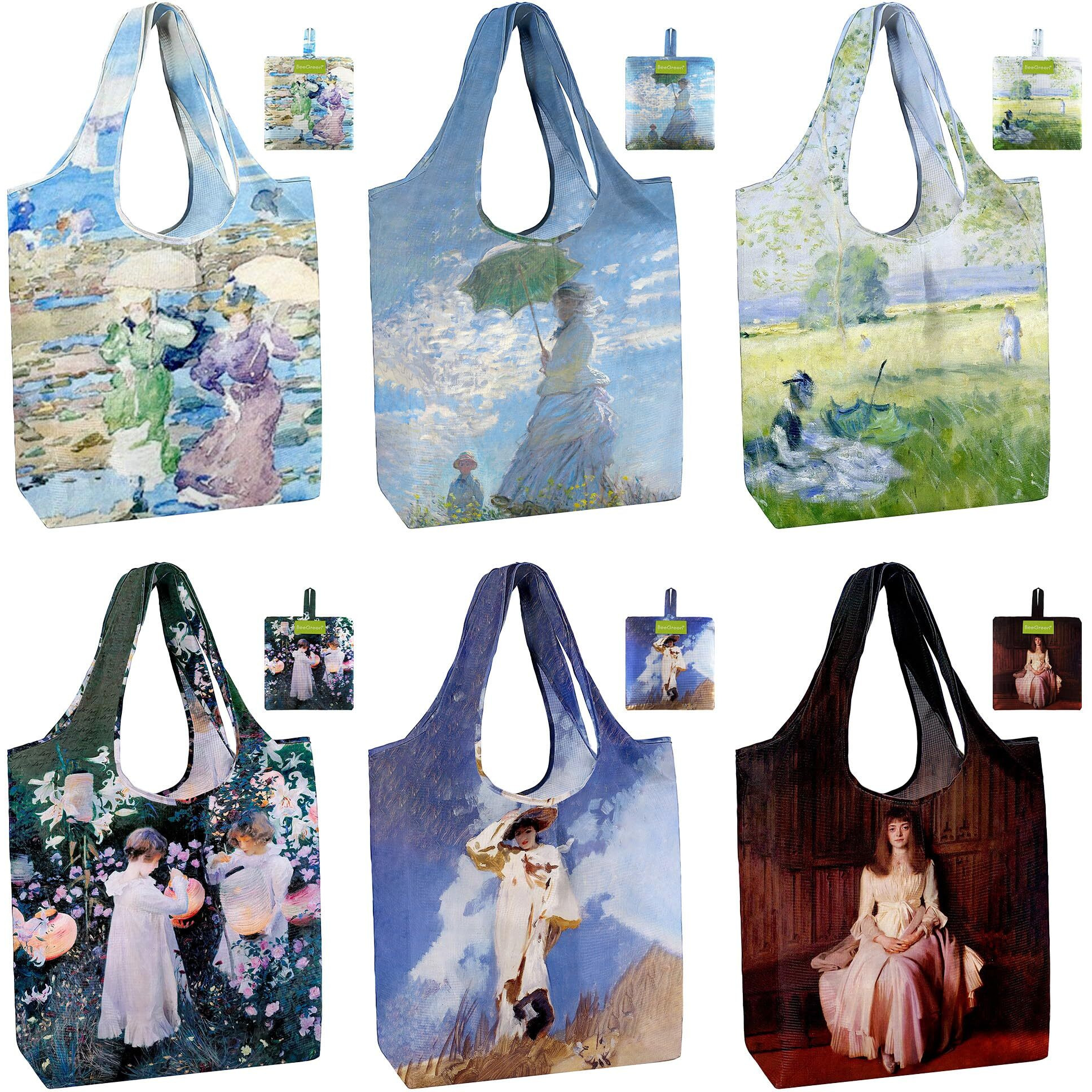 Beegreen Oil Painting Reusable Grocery Bags 6 Pack, Heavy Duty Totes For Women, Foldable Grocery Bag Large Shopping Totes With Handles For Work, Travel, Gift, Polyester Washable Reusable Tote Bag