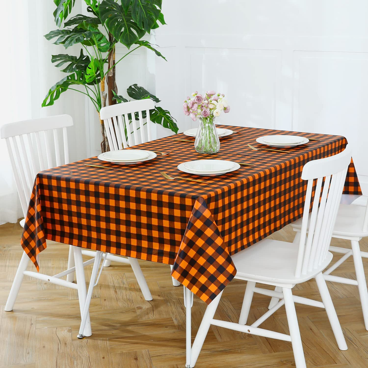 Romanstile Rectangle Vinyl Pvc Tablecloth, 100% Waterproof Buffalo Plaid Plastic Table Cloth, Oil Proof Heavy Duty Wipeable Table Covers For Dining/Camping/Picnic/Outdoor - 54 X 78, Black And Orange