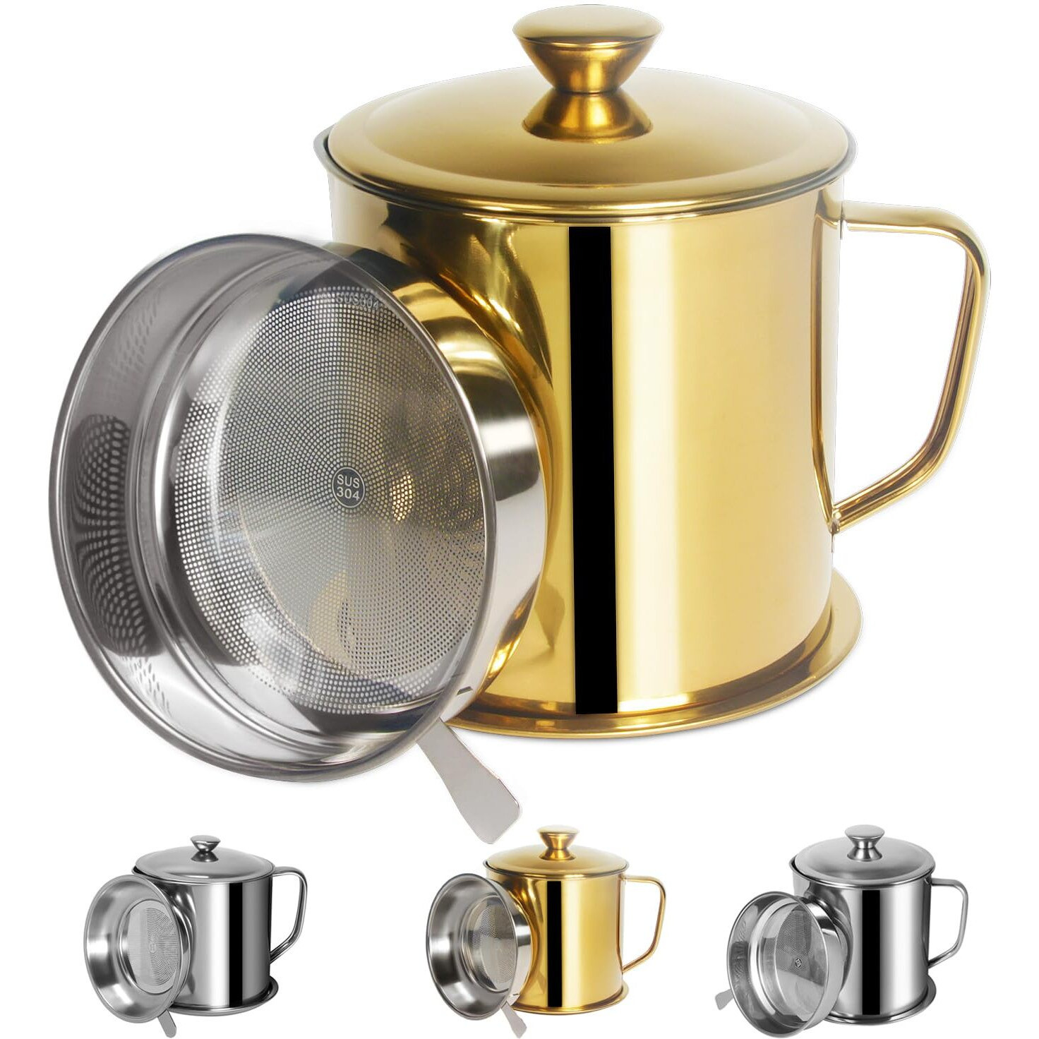 Tellshun Bacon Grease Container With Strainer 1.8 L / 60 Oz Kitchen Catcher Food-Grade Stainless Steel Cooking Oil Keeper With Lid And Easy-Grip Handle Suitable For Storing Frying Oil