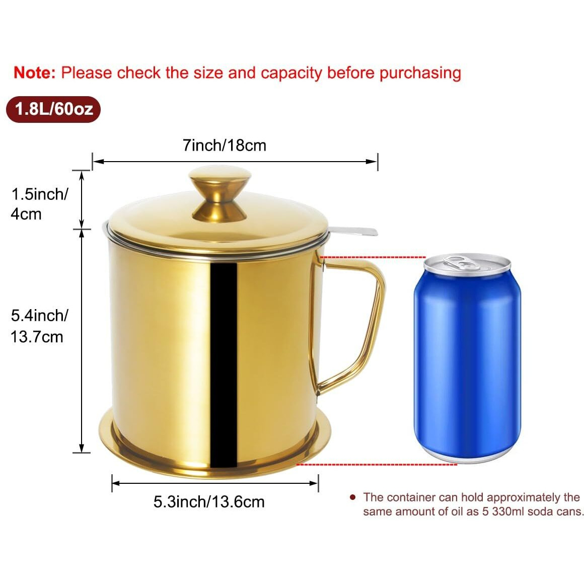 Tellshun Bacon Grease Container With Strainer 1.8 L / 60 Oz Kitchen Catcher Food-Grade Stainless Steel Cooking Oil Keeper With Lid And Easy-Grip Handle Suitable For Storing Frying Oil