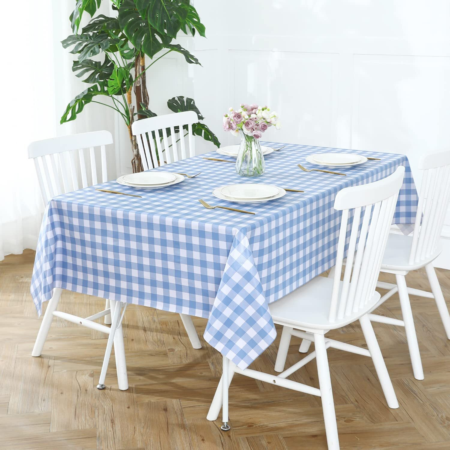 Romanstile Square Vinyl Pvc Tablecloth, 100% Waterproof Buffalo Plaid Plastic Table Cloth, Oil Proof Heavy Duty Wipeable Table Covers For Dining/Camping/Picnic/Outdoor - 60 X 60, Light Blue