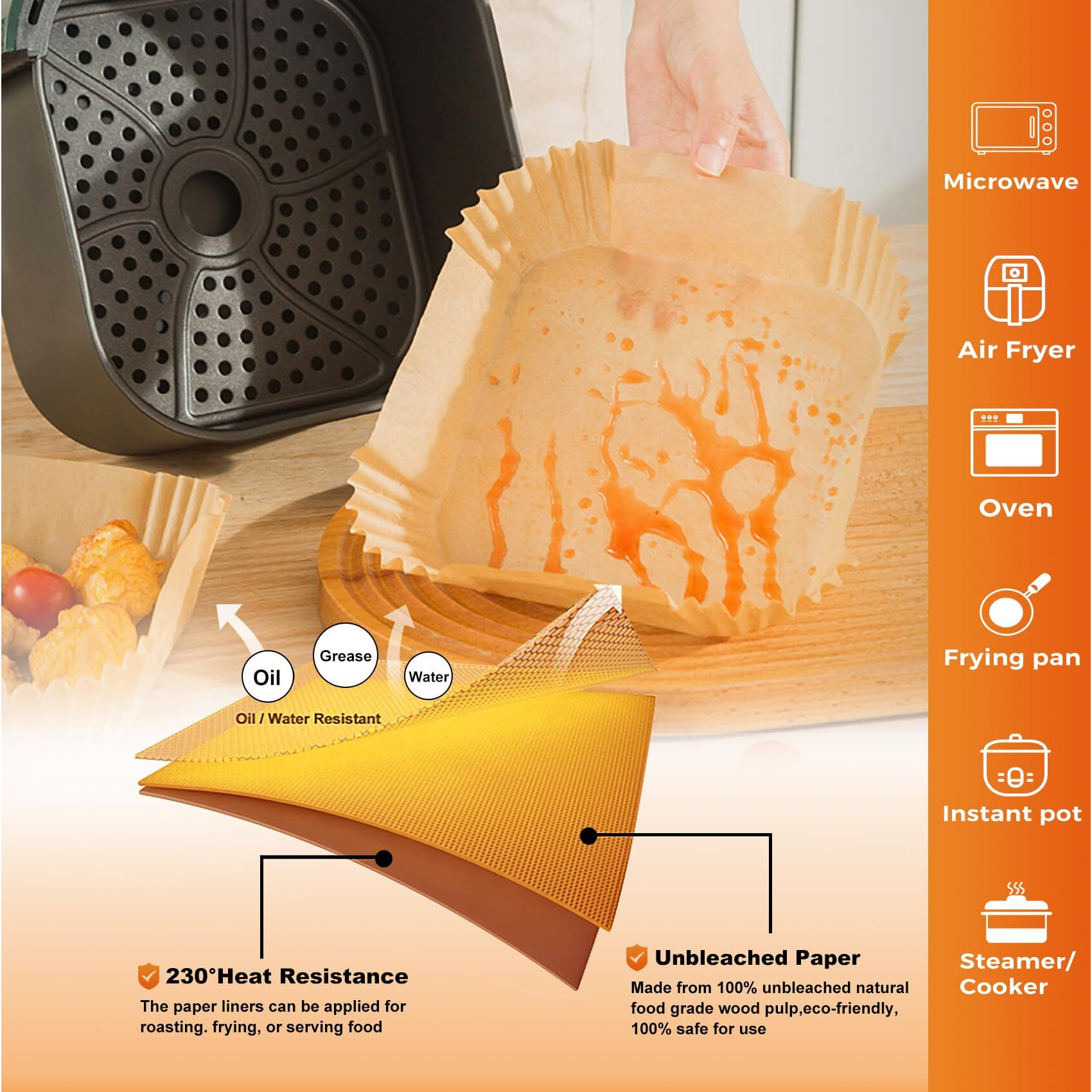 Air Fryer Paper Liners, 200Pcs Air Fryer Liners Disposable, 6.3"" Square Baking Liner For 2-4 Qt Airfryer Basket, Non-Stick And Oil Proof Parchment Paper For Oven, Pans & Baking