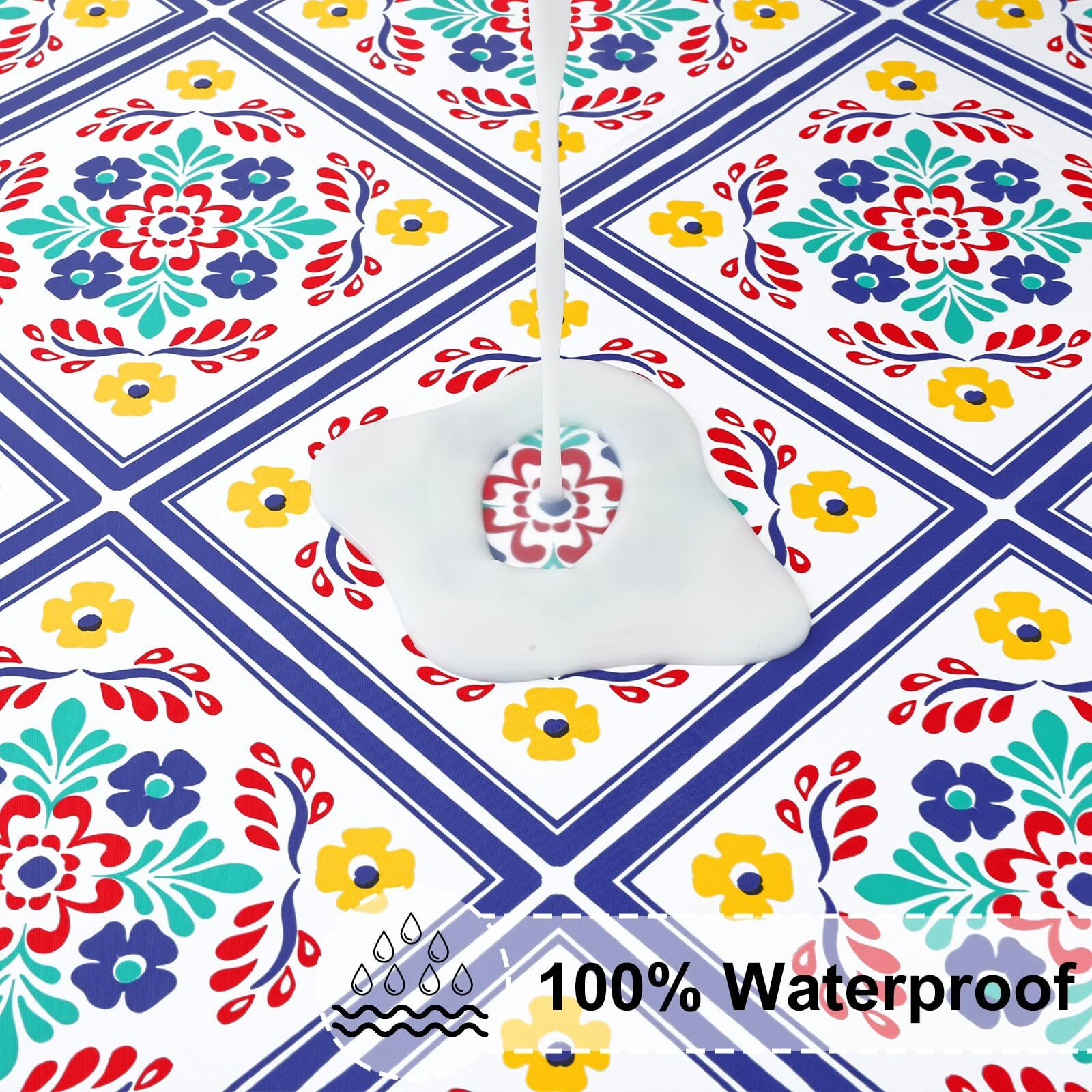 Misaya Round Fitted Tablecloth With Elastic Edge, 100% Waterproof Oil Proof Plastic Table Cover, Vinyl Flannel Backed Tablecloth Fits 45""-56"" Round Tables For Dinner, Outdoor, Picnic, Geometric Flower