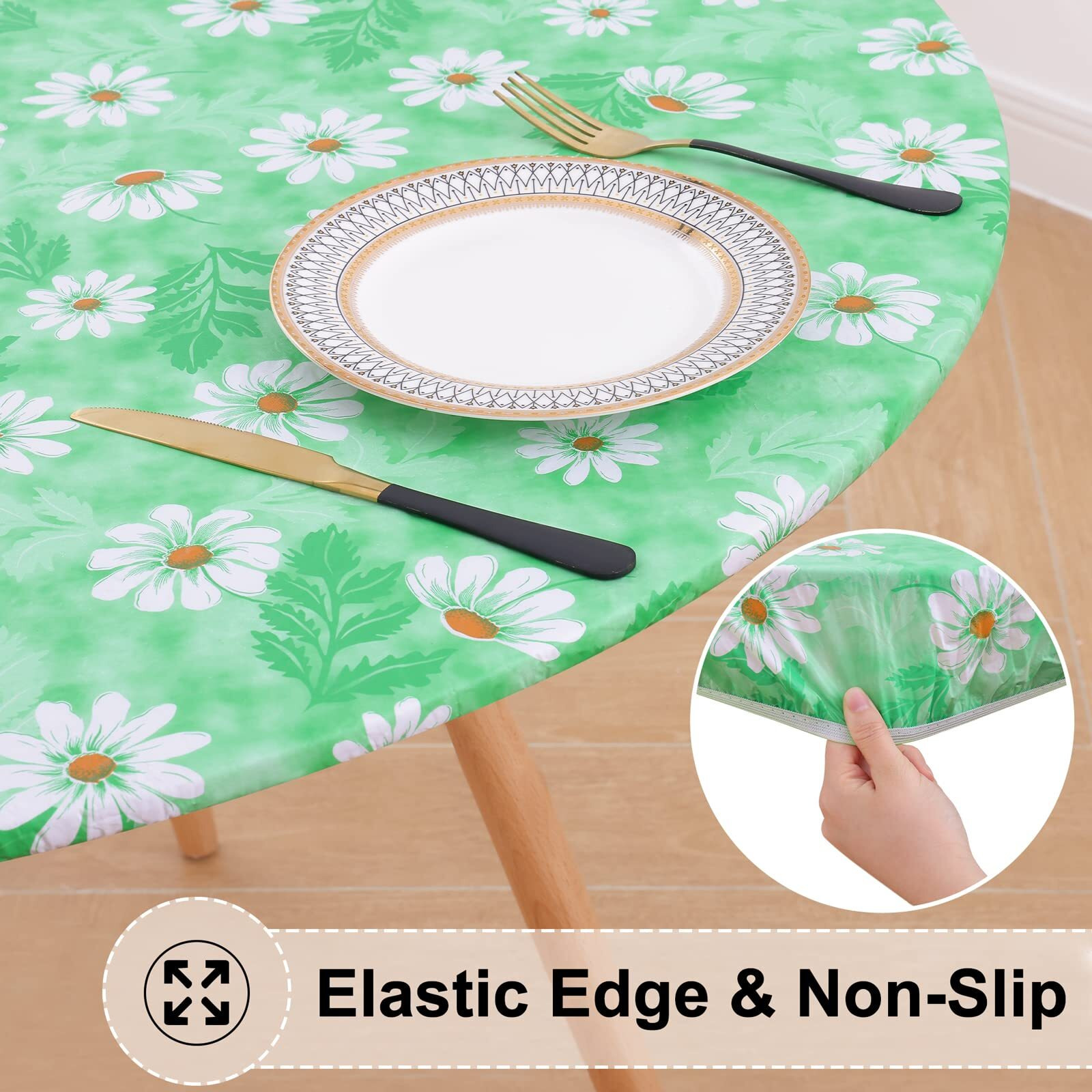 Misaya Round Fitted Tablecloth With Elastic Edge, 100% Waterproof Oil Proof Plastic Table Cover, Vinyl Flannel Backed Tablecloth Fits 57""-66"" Round Tables For Dinner, Outdoor, Picnic, Green Daisy