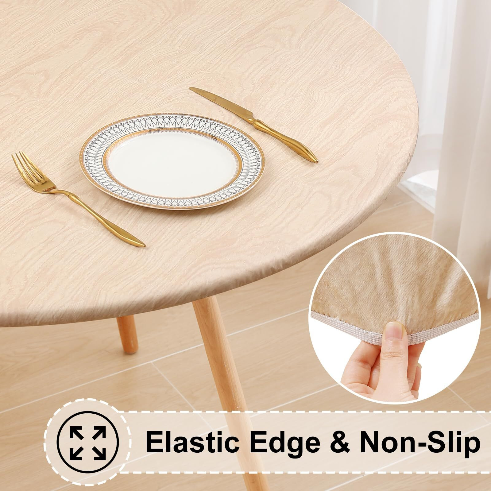 Misaya Round Fitted Tablecloth With Elastic Edge, 100% Waterproof Oil Proof Plastic Table Cover, Vinyl Flannel Backed Tablecloth Fits 45""-56"" Round Tables For Dinner, Outdoor, Picnic, Wood