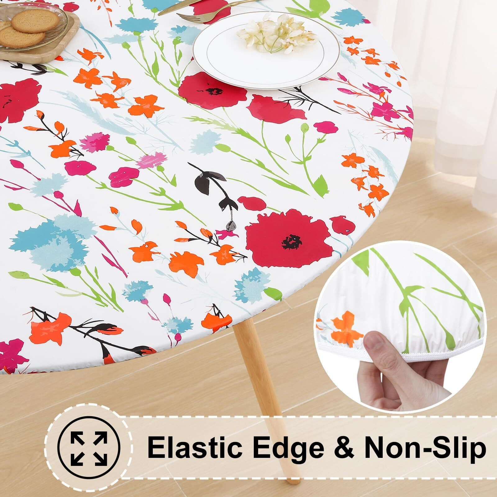 Misaya Round Fitted Tablecloth With Elastic Edge, 100% Waterproof Oil Proof Plastic Table Cover, Vinyl Flannel Backed Tablecloth Fits 25""-30"" Round Tables For Dinner, Outdoor, Picnic, Flowers